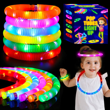 24 pcs Light Up Glow Sticks, LED Pop Tubes Party Favors for Kids 4-8 Glow in The Dark Party Supplies Fidget Toys Tubes for Hallo