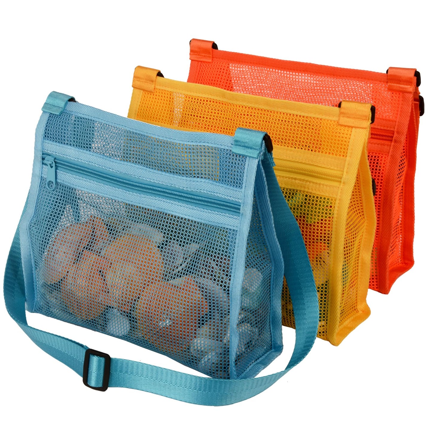 MUYIZI Mesh Beach Shell Collecting Bags - Large Multicolored Nylon (Blue, Yellow, Orange) - 3 Pack for Kids