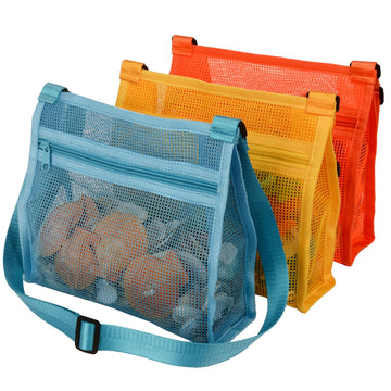 MUYIZI Mesh Beach Shell Collecting Bags - Large Multicolored Nylon (Blue, Yellow, Orange) - 3 Pack for Kids
