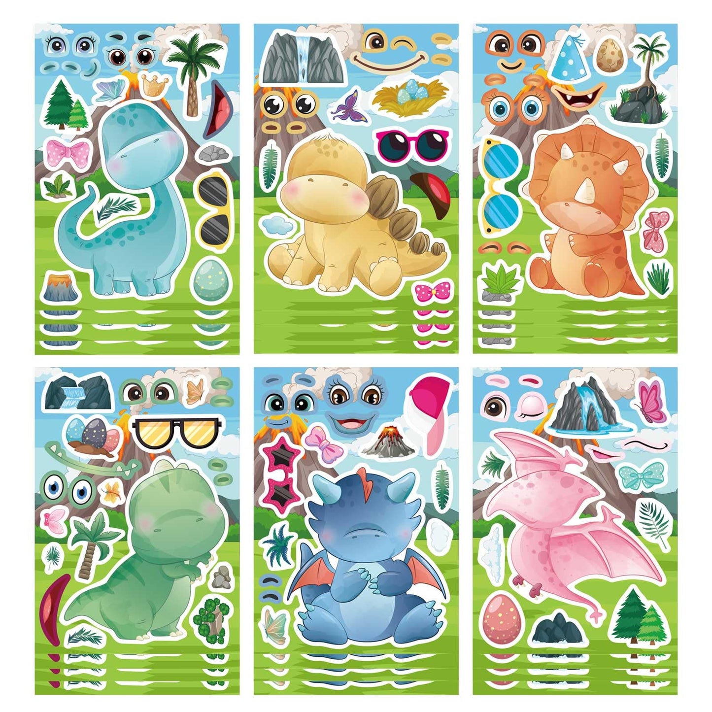 24 Sheets Cute Dinosaur Stickers For Kids Toddler Make-A-Face Stickers Make Your Own Dinosaur Stickers Dinosaur Birthday Party F