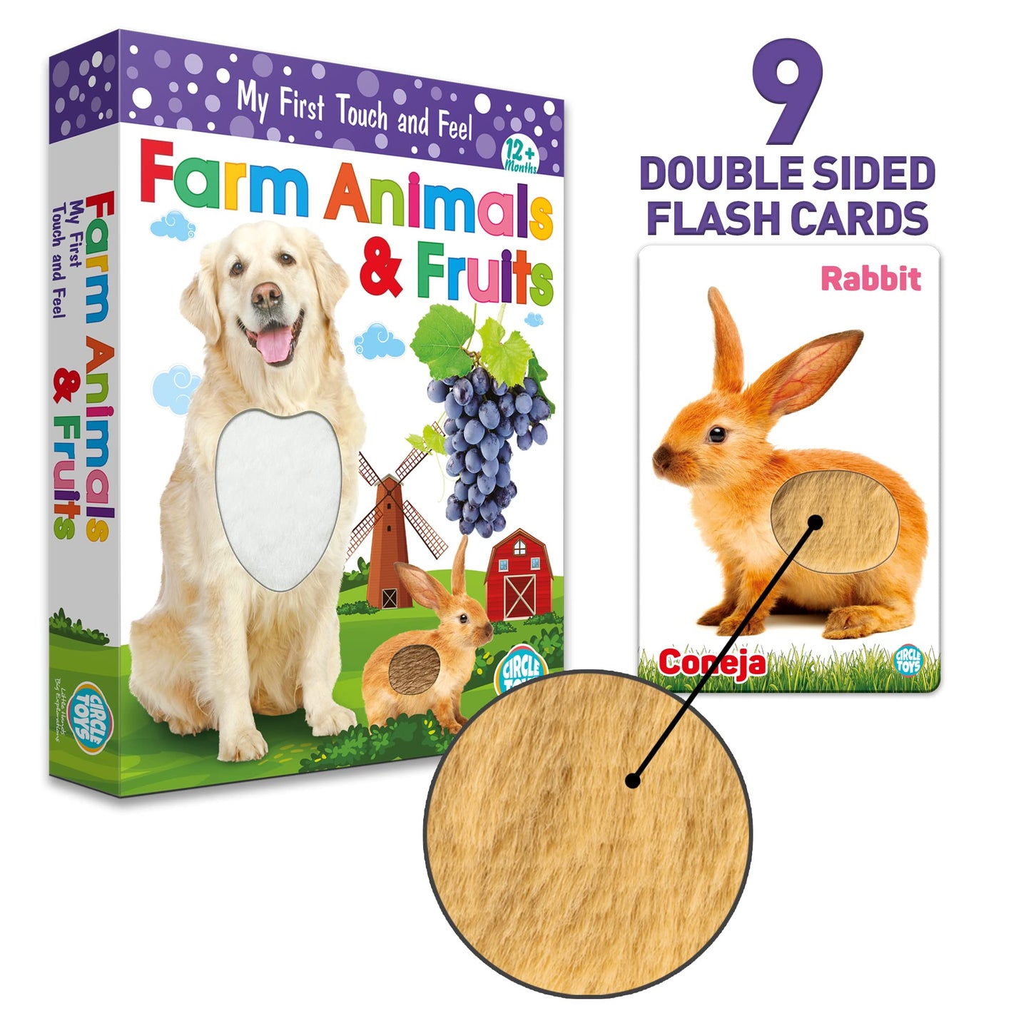 My Touch And Feel English Spanish Bilingual Picture Double Sided Sensory Flash Cards For Infant, Toddlers, Kids, Learn Animals,