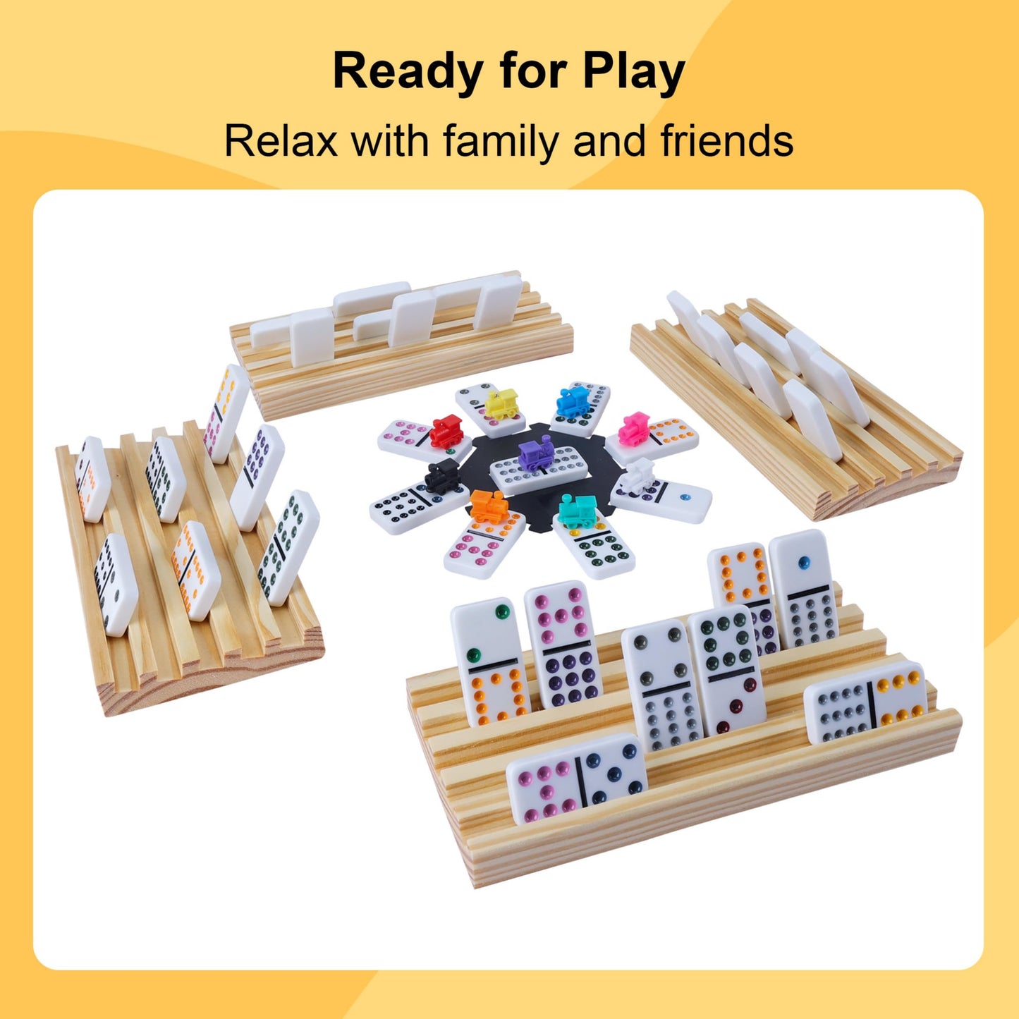 Gonoelec Double 12 Mexican Train Dominoes Set - 91 Color Dot Tiles, 8 Wooden Trays, 9 Train Markers, Classic Family Game