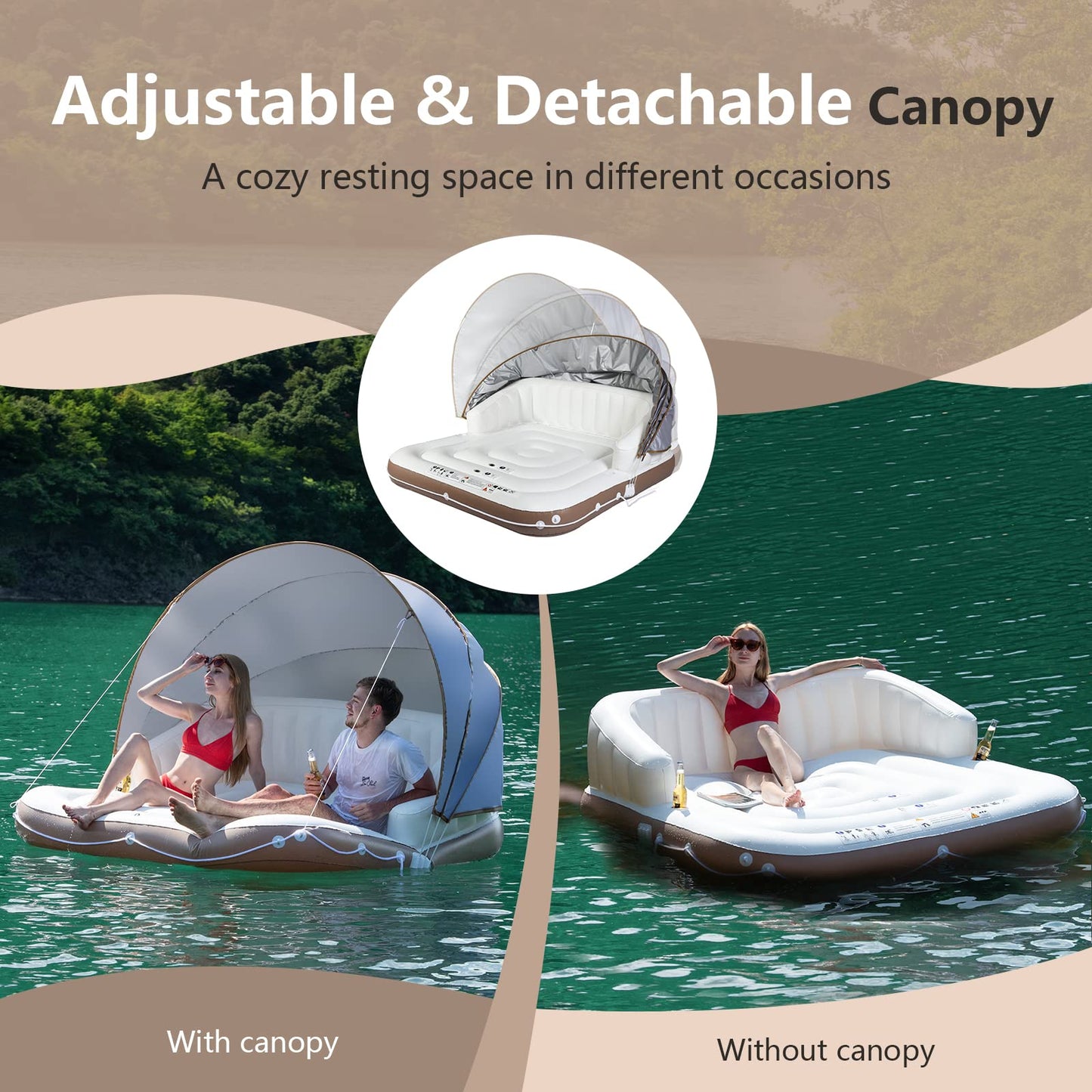Giantex Canopy Island  Pool Float w/SPF50+ Retractable Detachable Sunshade  mature-themed w/2 Cup Holders High Backrest Armrest  71 x Island Inflatable Lounge  Load 440LBS