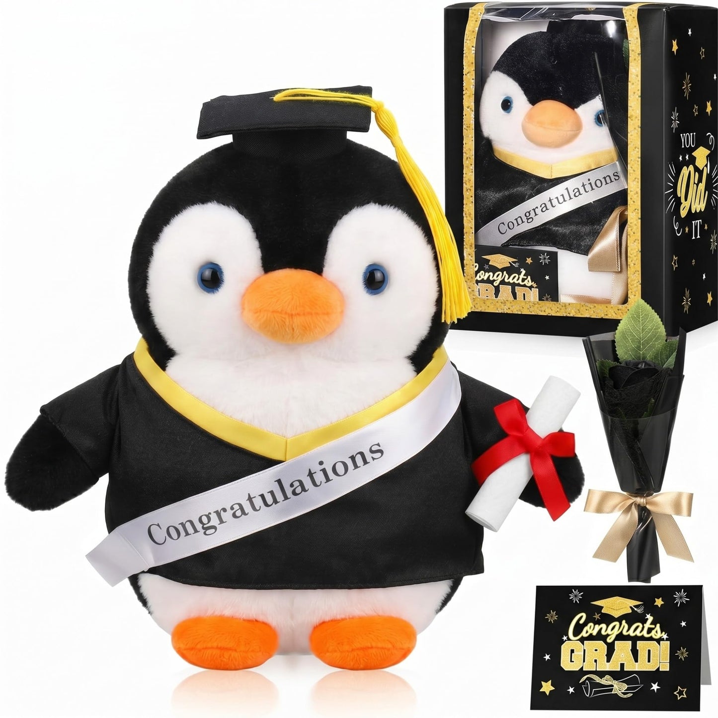 Hollowfly Graduation Penguin Gifts Set Include Graduation Penguin of 2026 Stuffed Animal with Cap Gown, Artificial Flower, Gradu