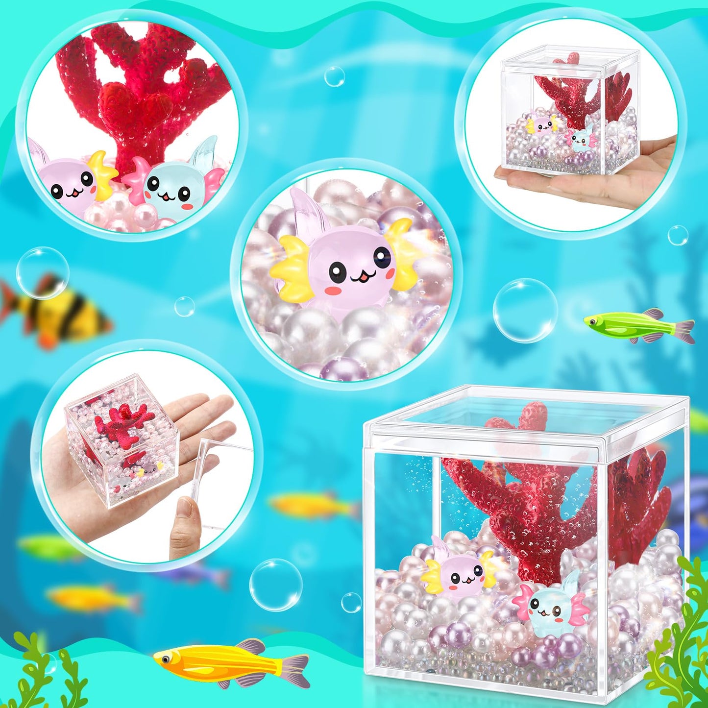 Hydren Axolotl Diy Tank Axolotl Craft Mini Axolotl Figures Axolotl Beads Axolotl Gift Set Axolotl Charms(Coral,Rose Red)