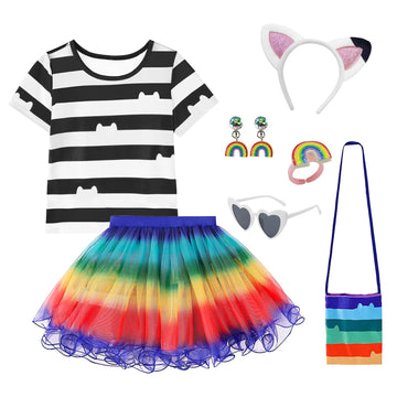 Daisyduds Cat Dollhouse Costume Rainbow Tutu Dress With Striped Top, Accessories Set Halloween Christmas Outfits For Cutie(140Cm