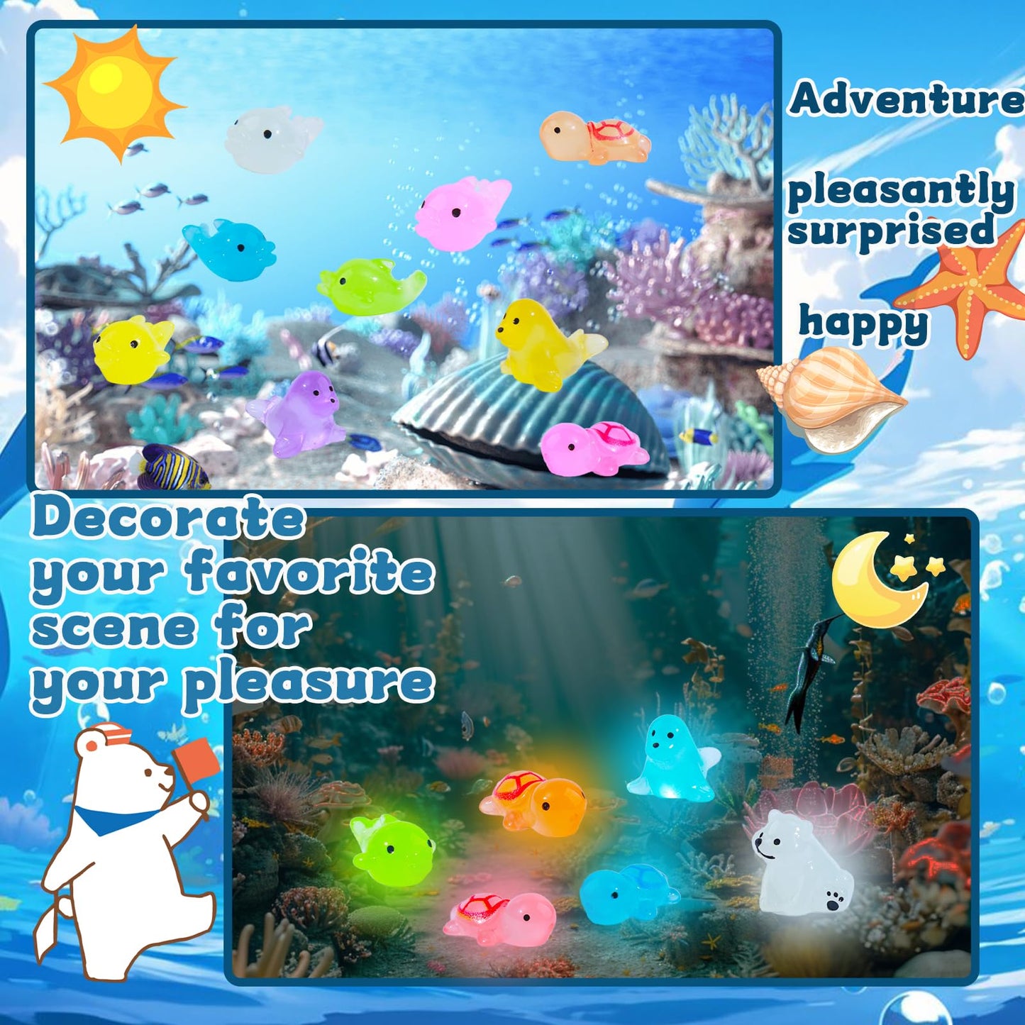 Dsooldre 65 Pcs Luminous Mini Sea Animals Small Turtles Dolphins Seals Polar Bears Figurines Glow In The Dark Tiny Ocean Animals