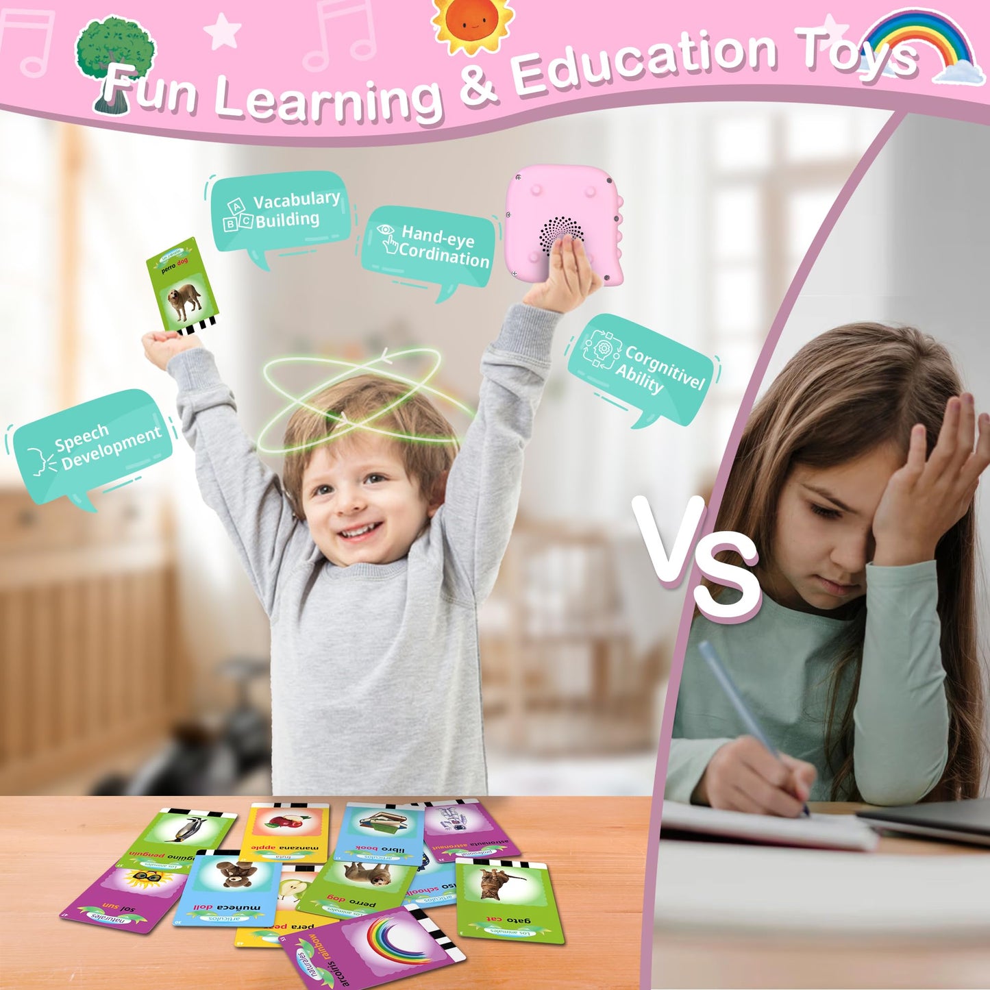 Pocket Speech Therapy Toys For 1 2 3 4 5 Years, Bilingual Spanish English 224 Sight Words Toddler Flash Cards Preschool Learning