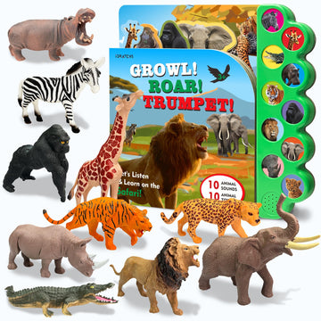 Igratens Safari Animals Figures Toys With Sound Books, 10Pcs Realistic Jungle Animals Figures & Safari Animals Book With 10 Butt