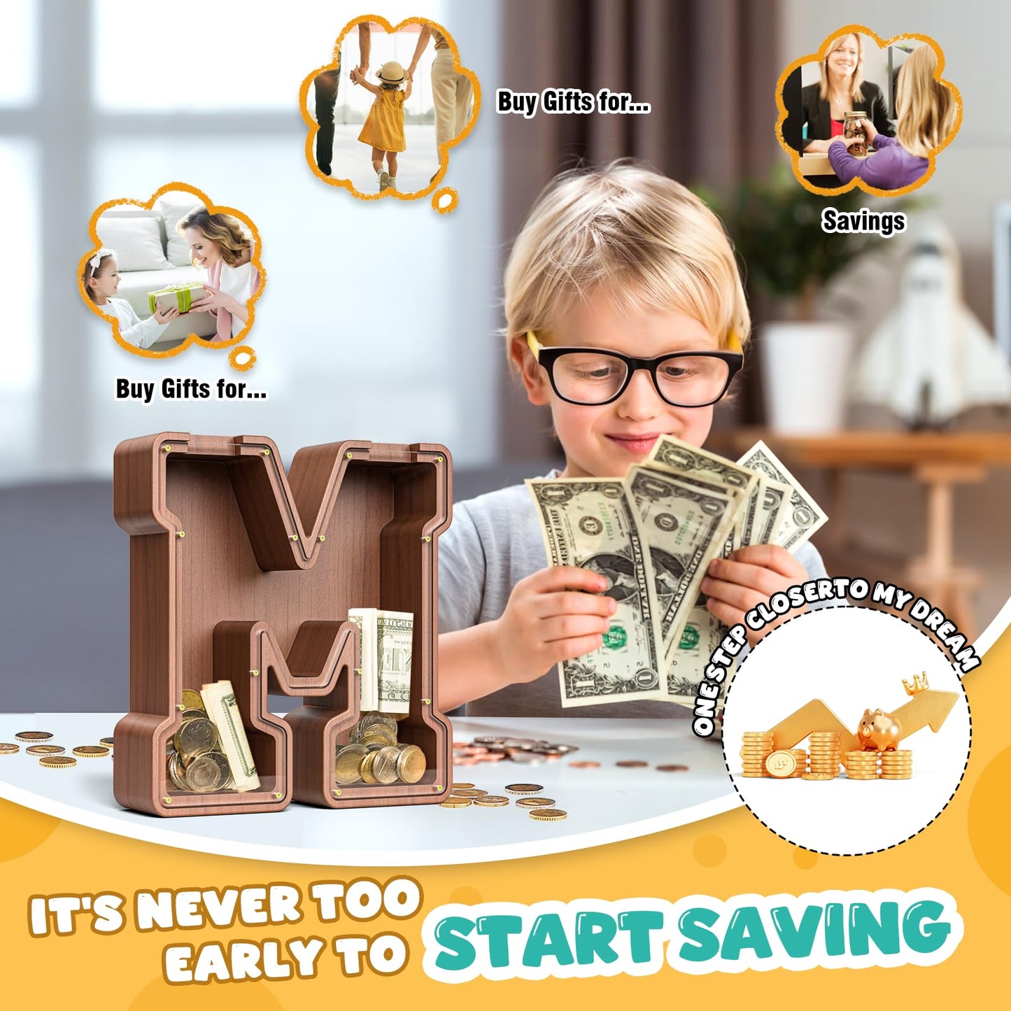 Summidate Wooden Letter Piggy Bank  Extra Thick Large Capacity Piggy Bank for Kids Boys Girls Toddler  Alphabet M Money Bank| Coin Box Birthday  Christmas  Festival