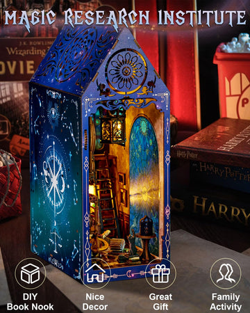 Ourmiao Book Nook Kit Magic Research Institute, Diy Miniature Booknook House Kit For Adults With Led Lights, 3D Wooden Puzzle Bo