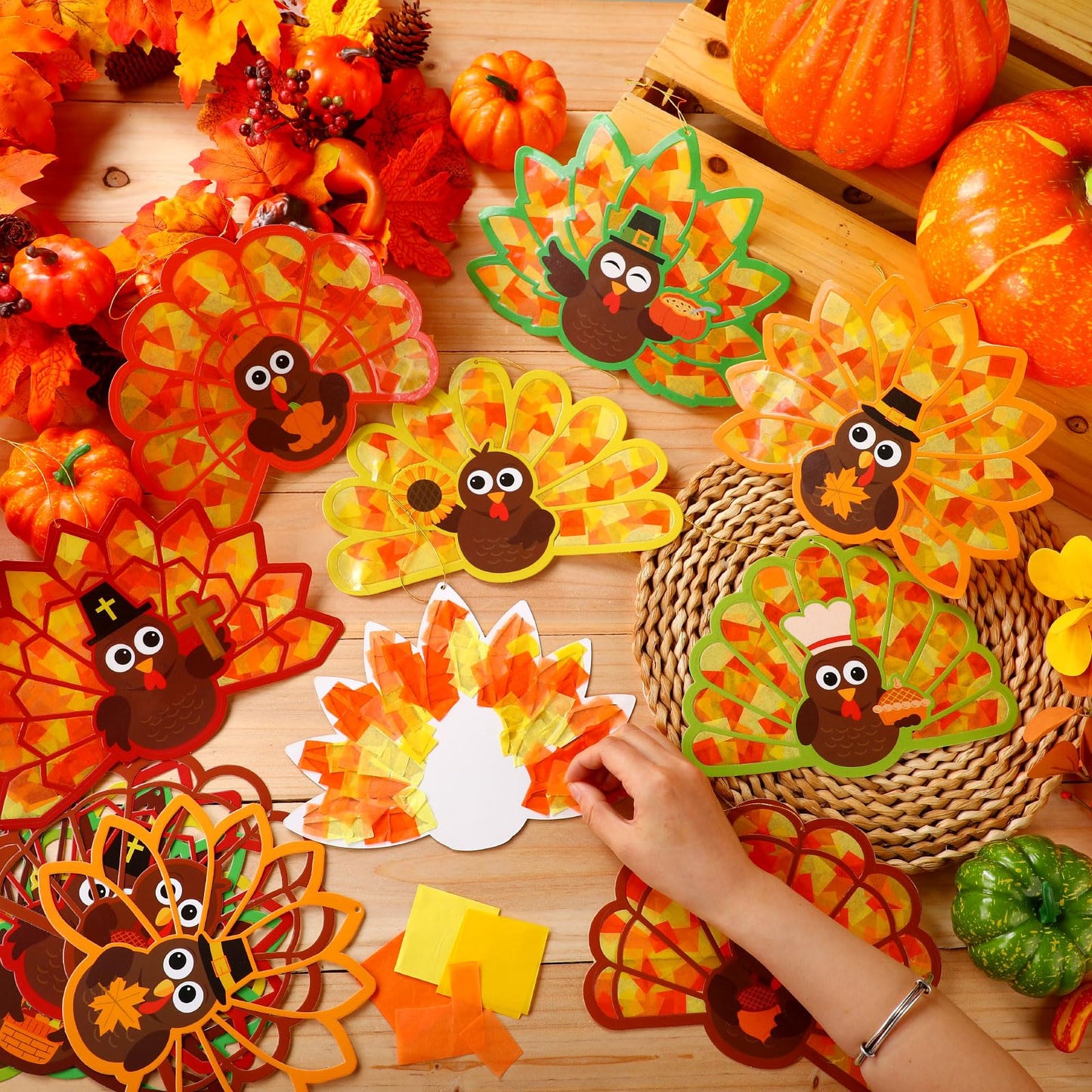 DoubleFill 48 Pcs Thanksgiving Turkey Suncatchers Craft Kit DIY Paper Tissue Crafts Window Stained Glass Effect Turkey Arts Proj