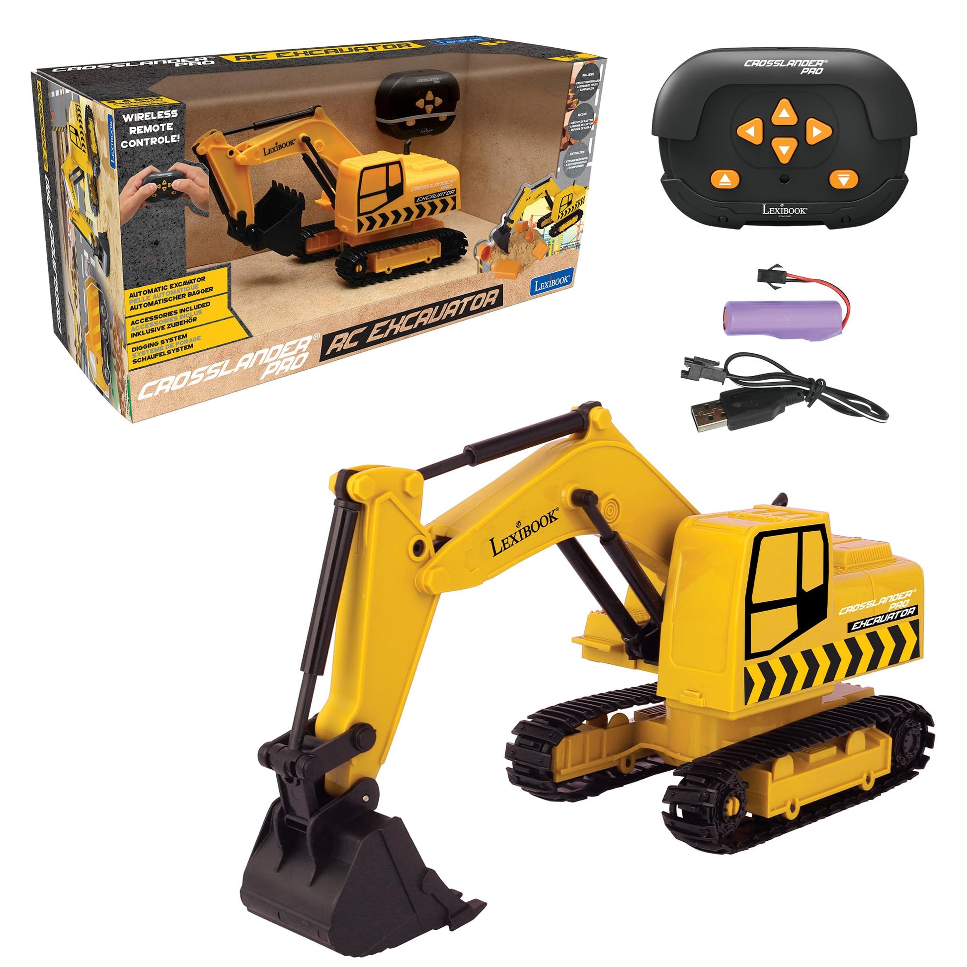 Lexibook, Crosslander® Pro Rc Excavator, Remote Controlled Backhoe, Automatic Shovel, Play Mat, Sand Moulds, 2 Trucks And A Bridge In Boxes Included, Rechargeable, Rcp30