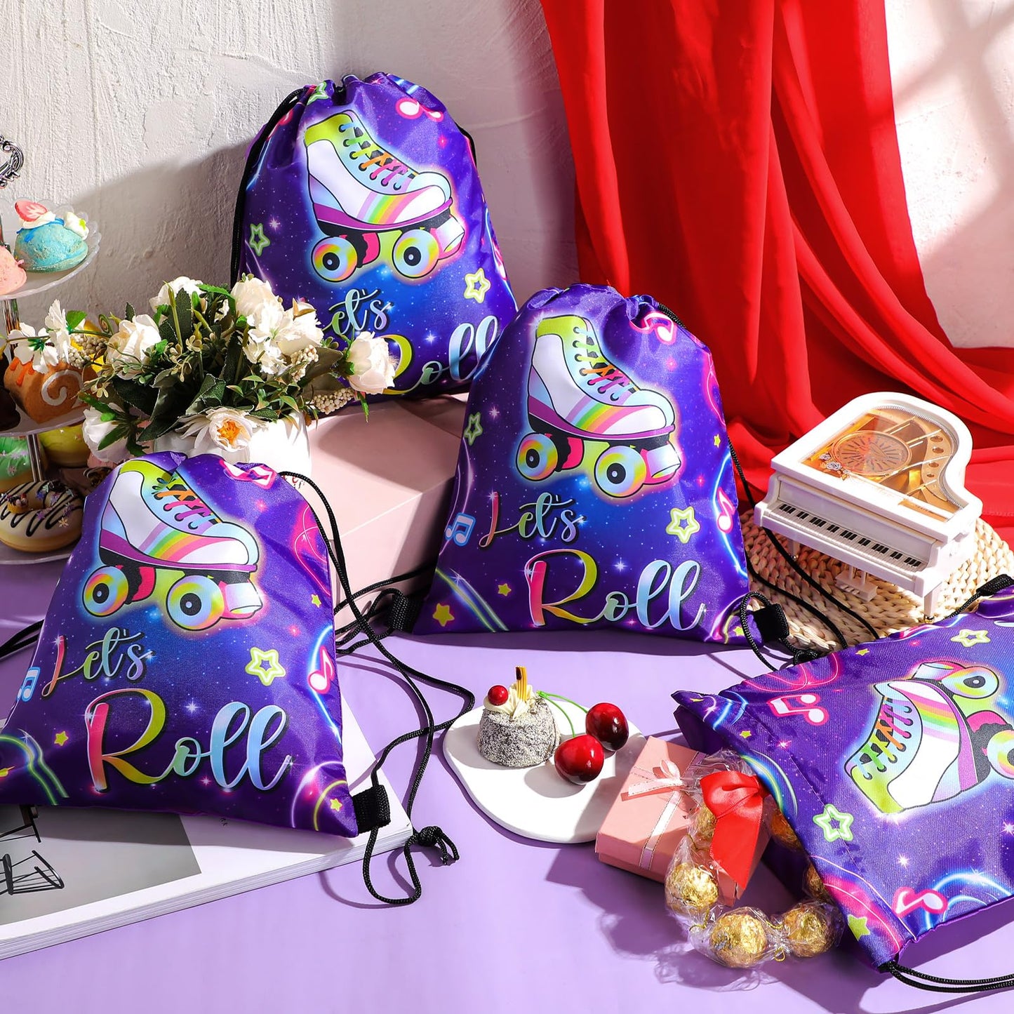 Censen 24 Pcs Roller Skate Party Favor Drawstring Bags Bulk 12 x 10 Inches Skating Goodie Treat Gift Bag for Girl Boy Birthday P