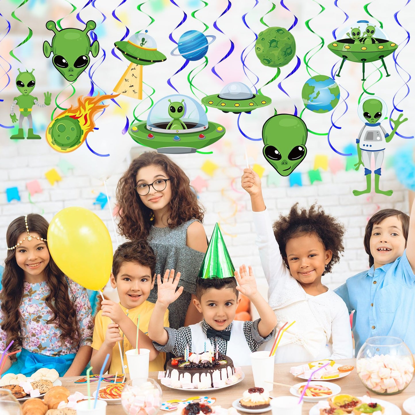 Capoda 54 Pcs Alien Decorations Hanging Swirls No DIY UFO Theme Party Ceiling Decorations Green Alien Outer Space Saucer Man Han