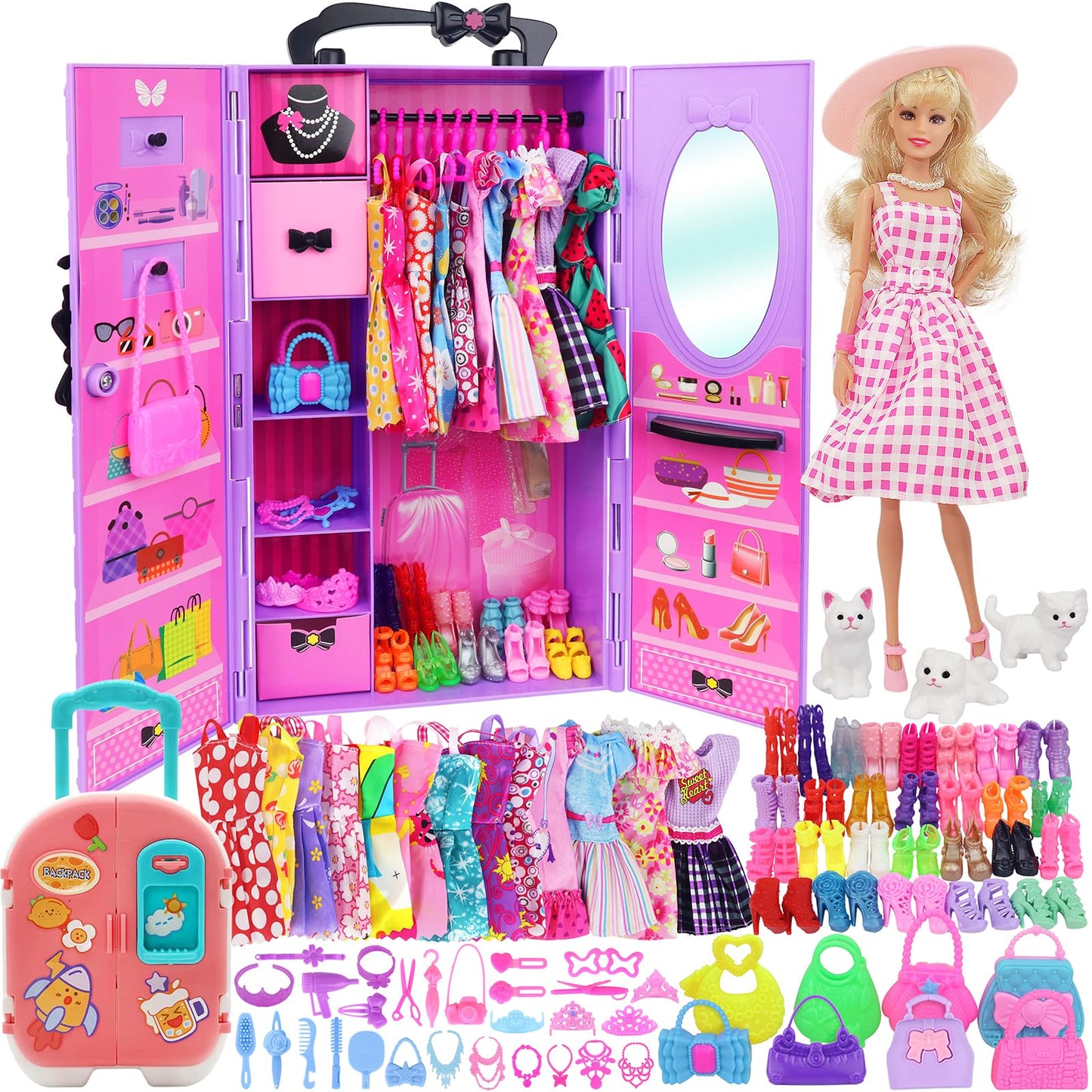 K.T. Fancy 83 Pcs Dolls & Accessories With Doll Closet Wardrobe For 11.5 Inch Doll Dress Up Set Including Wardrobe Shoes, Wallet, Dress Hangers, Brush, Necklace, Pet And Other Accessories