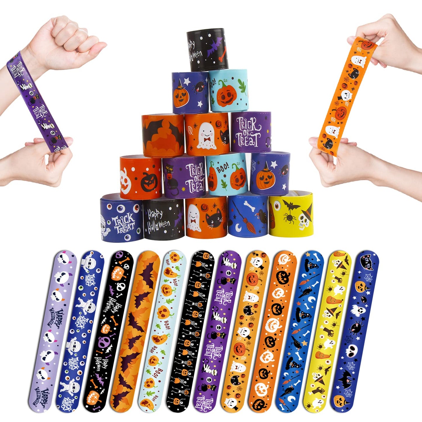 CCINEE 48pcs Halloween Slap Bracelets,Kids Snap Bracelet Wristbands with Assorted Bulk Pumpkin Zombie Skull Ghost Witches for Tr