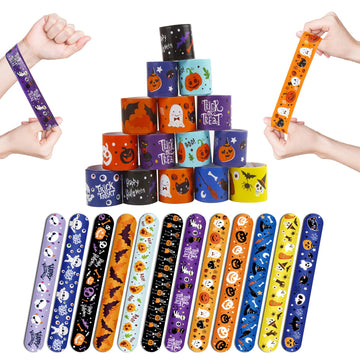 CCINEE 48pcs Halloween Slap Bracelets,Kids Snap Bracelet Wristbands with Assorted Bulk Pumpkin Zombie Skull Ghost Witches for Tr