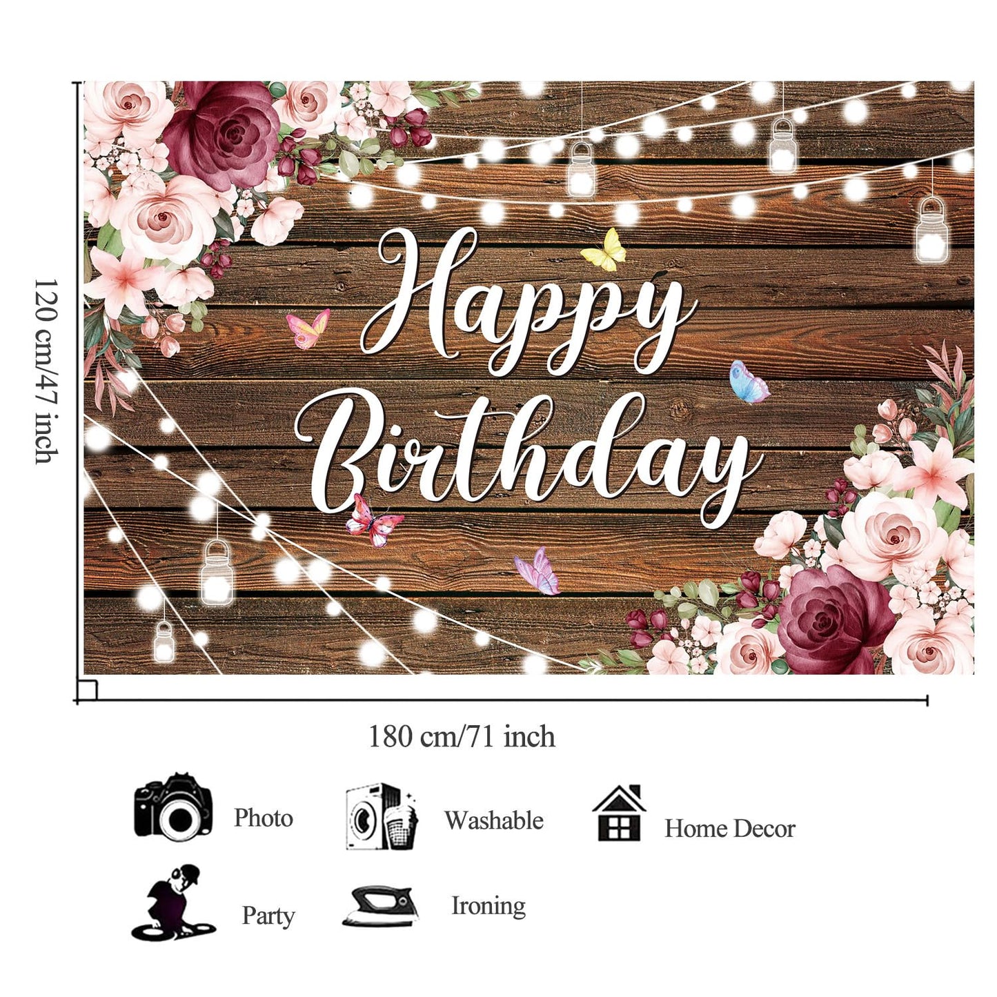 Yinqin 180X120 Cm Rustic Wood Flower Happy Birthday Backdrops Cloth Rustic Wooden Floral Birthday Photography Backgrounds Flower