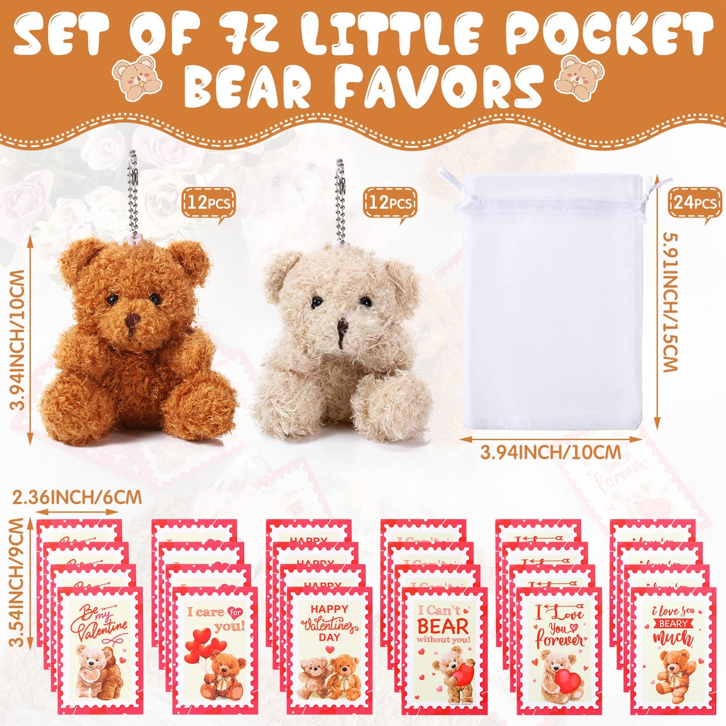 Deekin Set Of 24 Valentine'S Day Mini Plush Bears With Greeting Cards And Organza Bags For Valentines Day Gifts Stuffed Little P