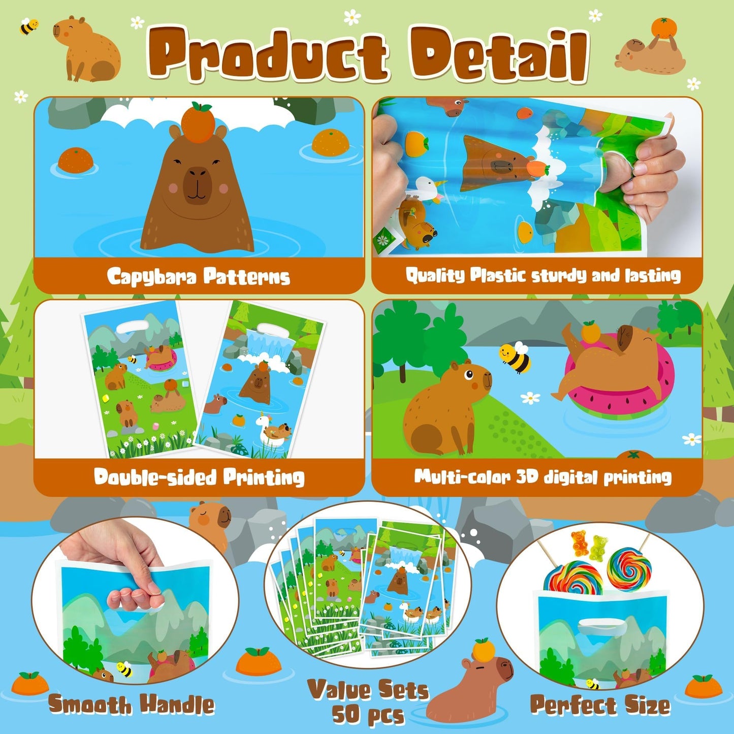 Capybara Party Favor Bags - 50Pcs Capybara Patterns Goody Candy Treat Gifts Bags, Cute Animals Themed Party Favors Supplies Deco