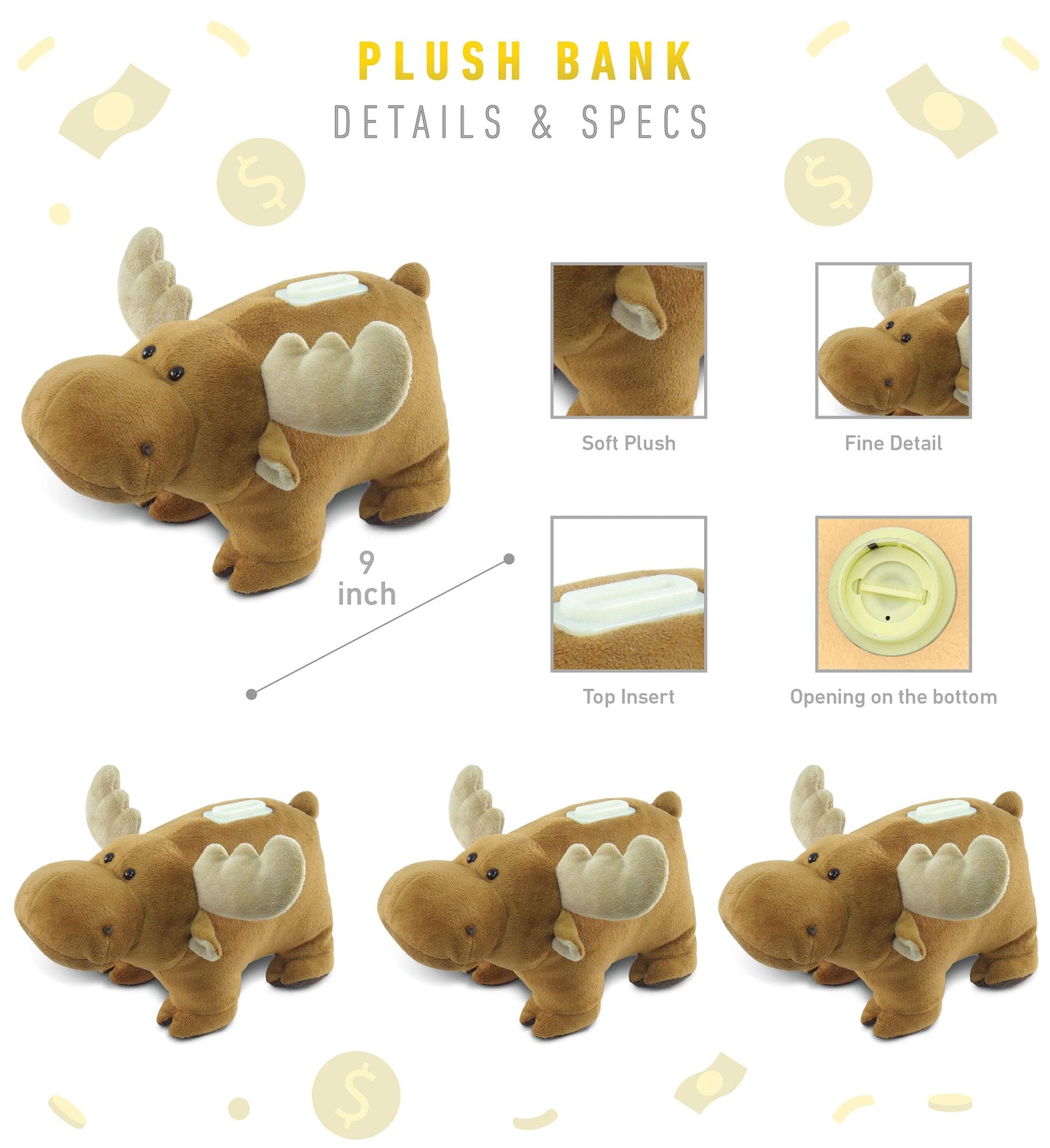Puzzled Plush Moose Huggie Bank - 9" Brown Polyester Money Saver, Model 5911