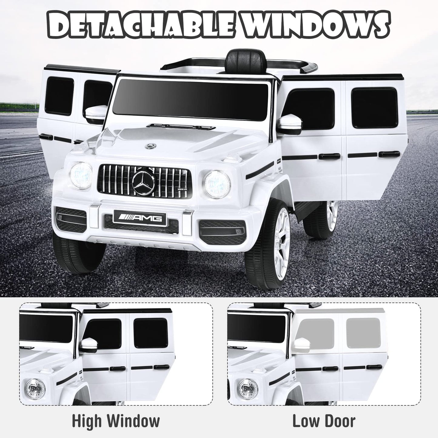 Olakids 12V Kids Ride On Car, Licensed Mercedes Benz G63 Electric Vehicle With Remote Control, Double Open Doors, Music, Bluetooth, 2 Speeds, Wheels Suspension, Battery Powered Driving Toy (White)
