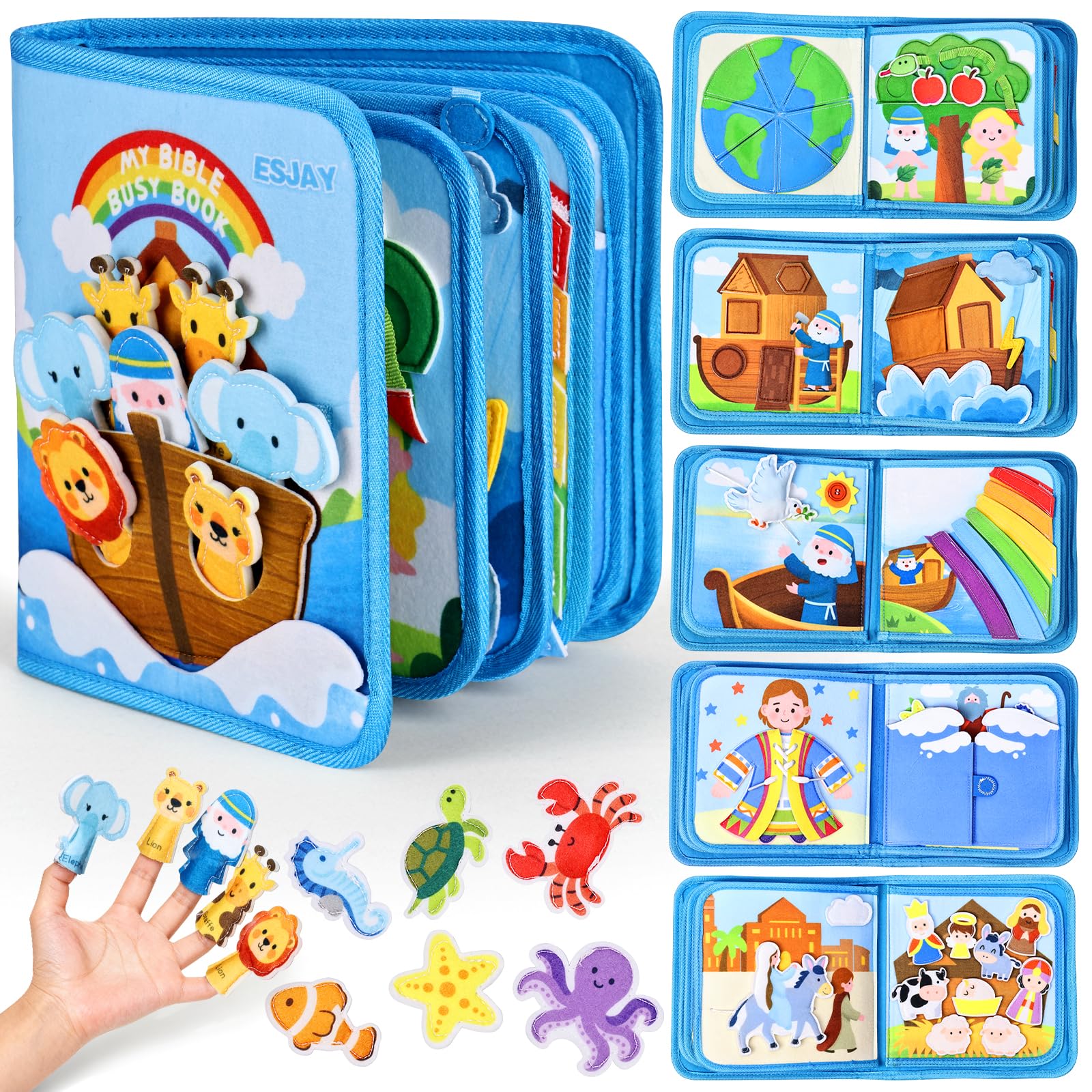 Esjay Busy Board Bible Busy Book for Toddlers, Montessori Toys 1 2 3 Year Old Toddler Baby, Noahs Ark Toy Baptism Birthday Gift