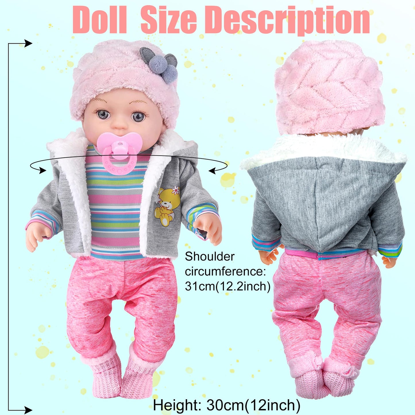 dollbie 12 Inch Baby Doll - 12 Lifelike Baby Doll with 3-Piece Outfits  4 Accessories & Feeding Playset - Realistic Rosy Cheeks & Blue Eyes  for Kids