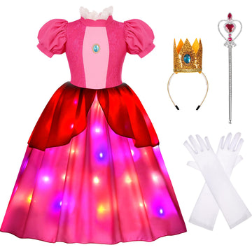 Baurghop Peach Costume For Girls Led Light Up Princess Peach Dress For Girls Cosplay Holiday Party Outfit (4-5 Years)