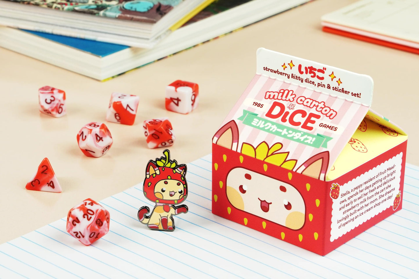 1985 Games Strawberry Kawaii Cat Dice Set - Milk Carton-Inspired Dice For Dnd | Ttrpgs & Tabletop Roleplaying