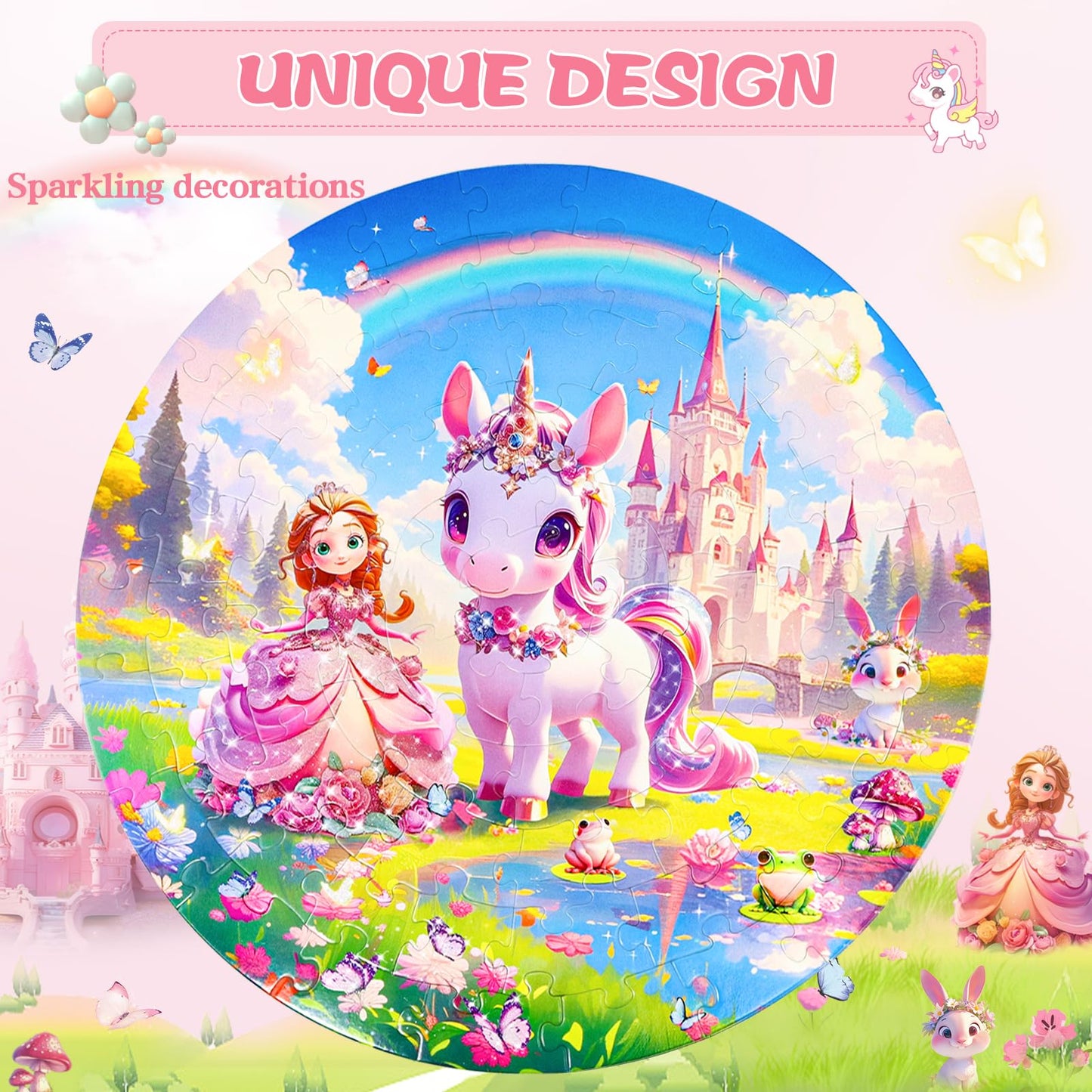 Digobay Floor Puzzles For Kids Ages 4-6, 70 Pieces Large Round Unicorn Princess Floor Puzzle Unicorn Jigsaw Puzzle Toy For 3 4 5