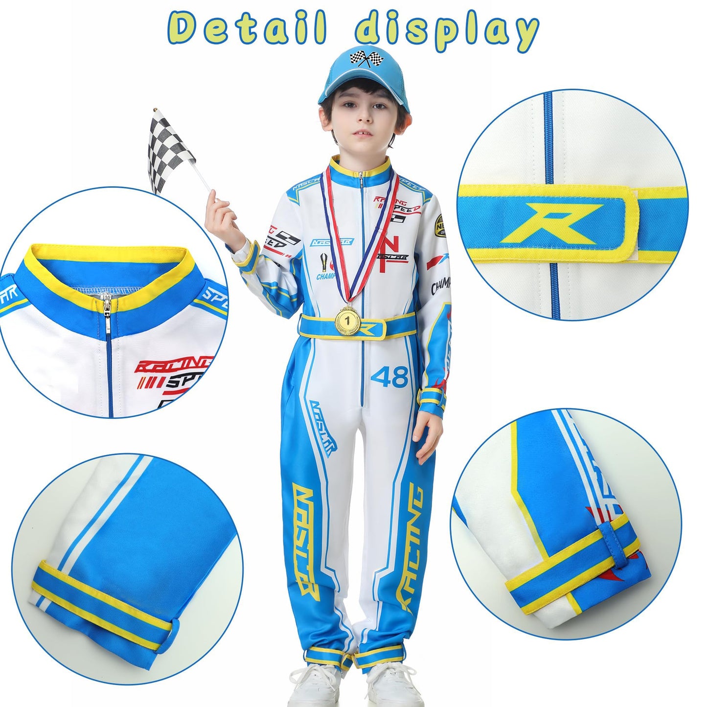 Treyrea Race Car Driver Costume Boys Racer Jumpsuit With Car Cap Kids Dress Up For Halloween (Blue, Xl(For Height 57''-60''))