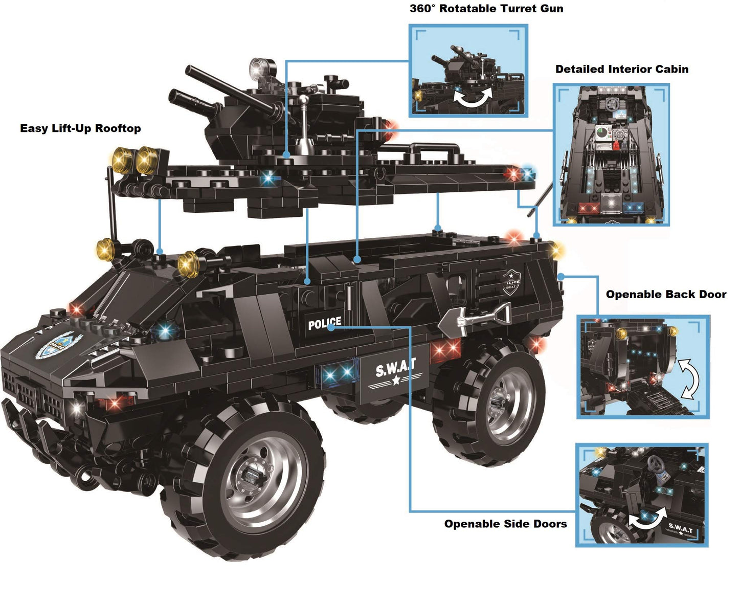 inFUNity QXB Swat Police Truck - Armored Tactical Transport Vehicle, 549 PCS Building Blocks, 13.39 inches, Plastic