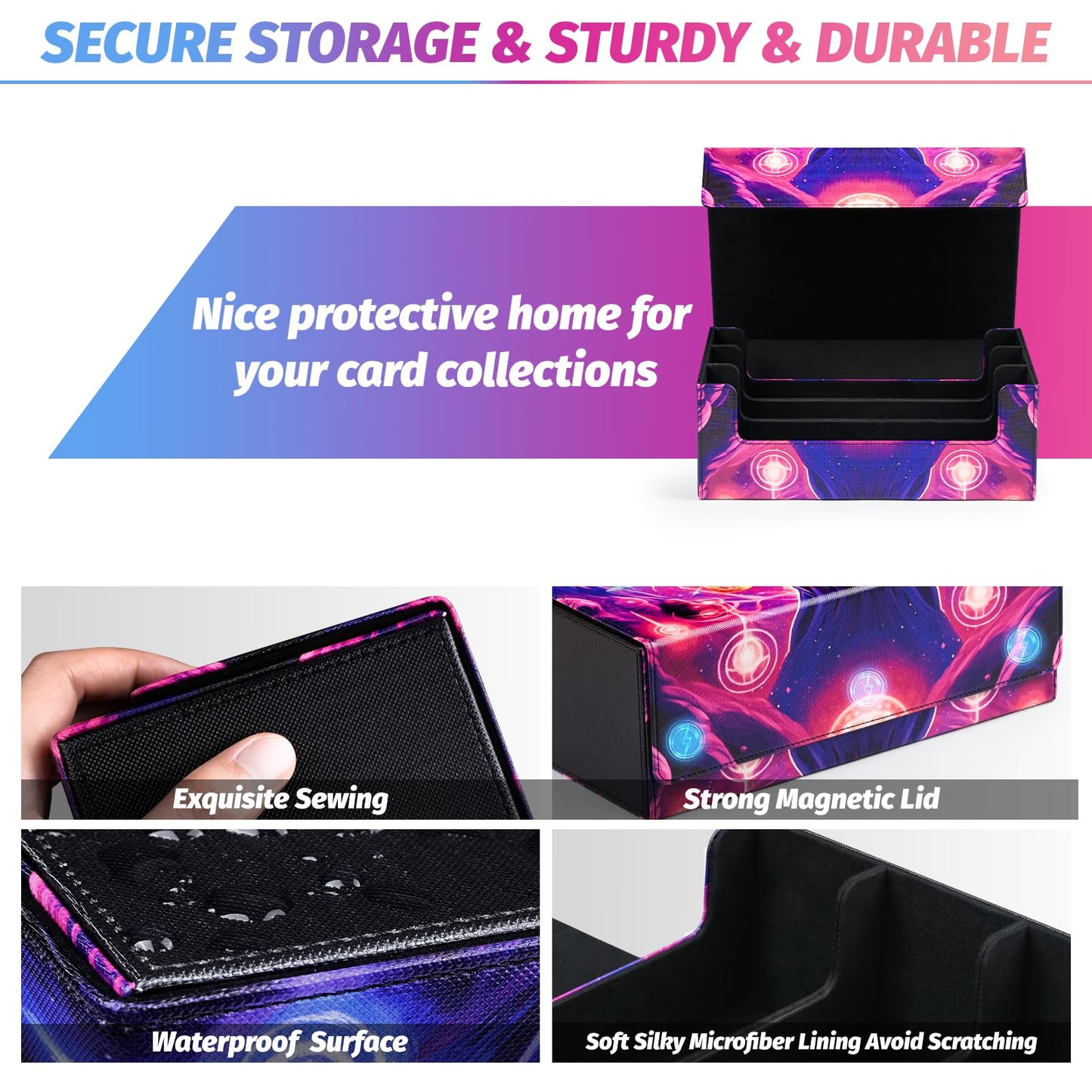 Uaono Card Storage Box For Mtg, Trading Card Deck Box Holds 1800+ With 6 Dividers, Leather Printing Magnetic Closure Card Storage Case Fits Tcg Ccg Sports Cards (Black, Mage)