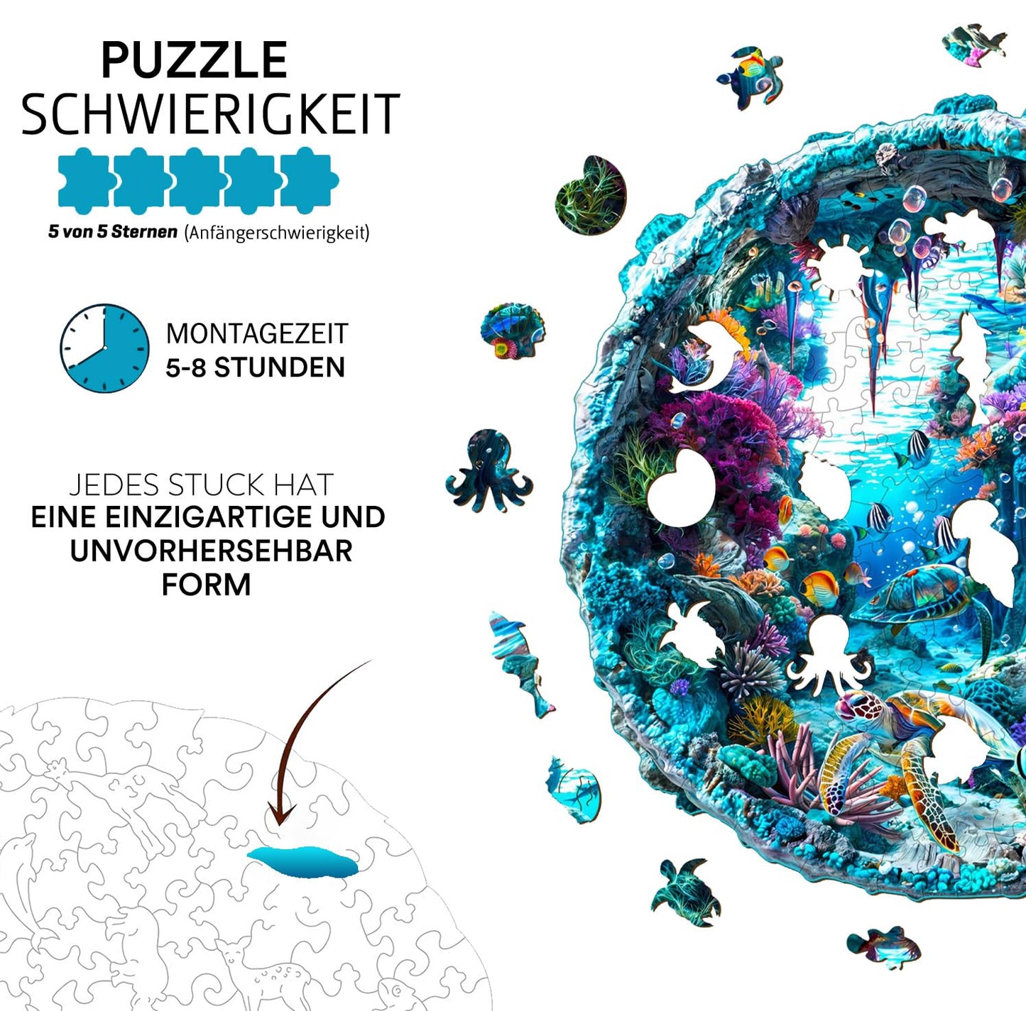 Jigfoxy Wooden Puzzle for mature-themeds  3D Visual Ocean Wooden Jigsaw Puzzles for mature-themed  Unique Animal Shape Wood Cut Puzzles  Christmas Thanksgiving Gifts for Friends Family (L-13.4 * 13.4in-300pcs)