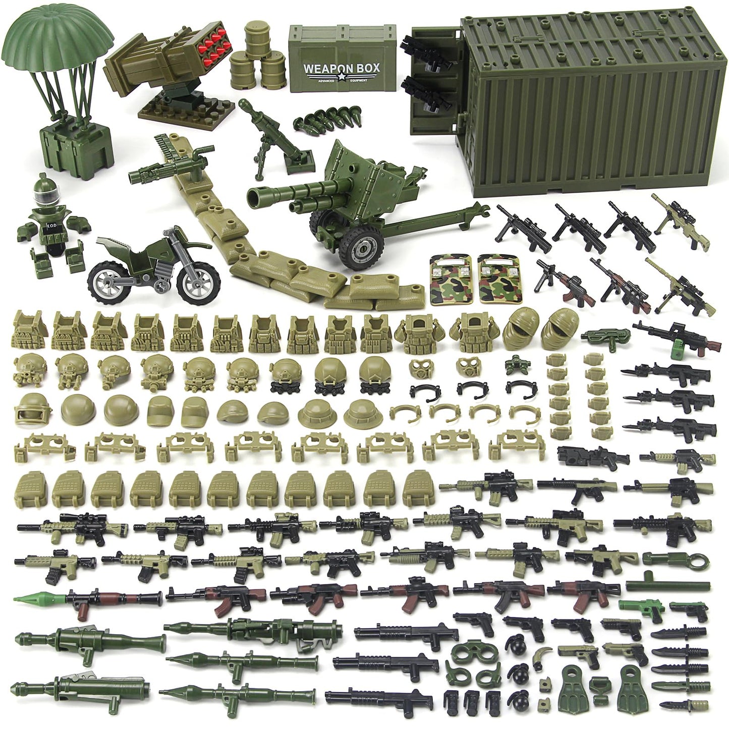 Olive Green Army Accessories Kit 325 Pcs Military  Pack Gear E.O.D Suit NVD Helmet Shipping Container protective coveringy Building Block Toy for Soldiers Compatible with Major Brands
