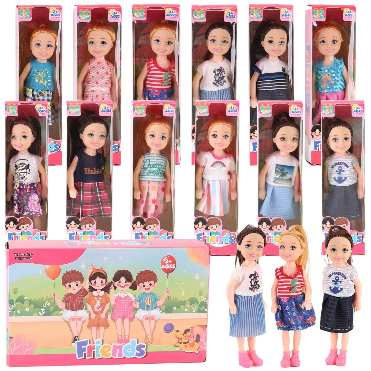 12 Pack: Little Girls Party Favors Dolls - 5'' Small Toddler Doll Toys Kids Miniature Figures Friends Bulk Bundle Play Set