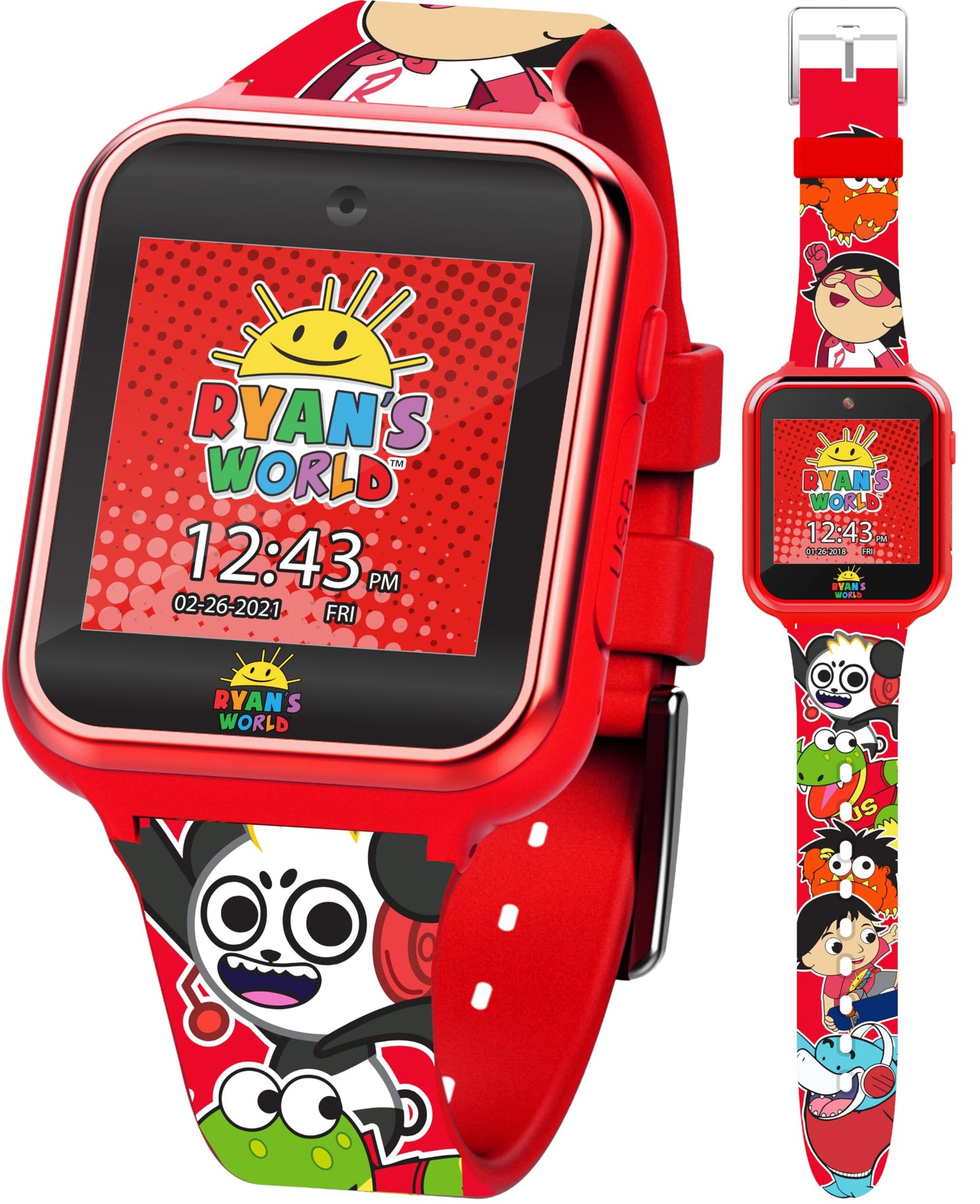 Accutime Kids Ryan'S World Red Educational Touchscreen Smart Watch Toy For Boys, Girls, Toddlers - Selfie Cam, Learning Games, Alarm, Calculator, Pedometer And More (Model: Ryw4037Az)