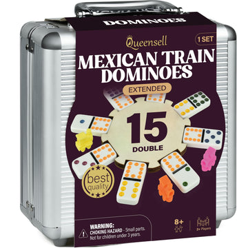 Queensell Mexican Train Dominoes Set Double 15, Dominoes Set For Adults And Family, Mexican Train Double 15 Dominoes Set Colored Dot - 136 Tiles, 9 Trains, Wooden Hub, Aluminum Case (Double 15)