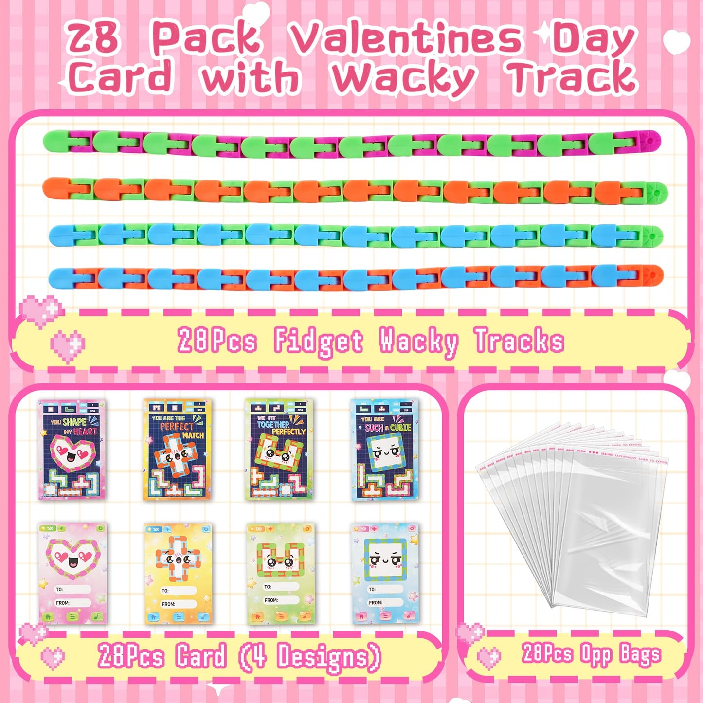 28 Pcs Valentine'S Day Cards Wacky Tracks Fidget Toys Valentines Class Gifts For Kids School Classroom Fidgets Snap Snake Click