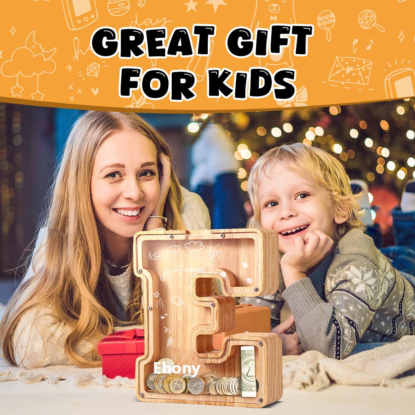 Ubeesize Letter Piggy Banks For Boys Girls, Wooden Personalized Bills And Coins Bank Money Box,Diy Name Birthday Gift For Kids,Bedroom Living Room Decoration(A)