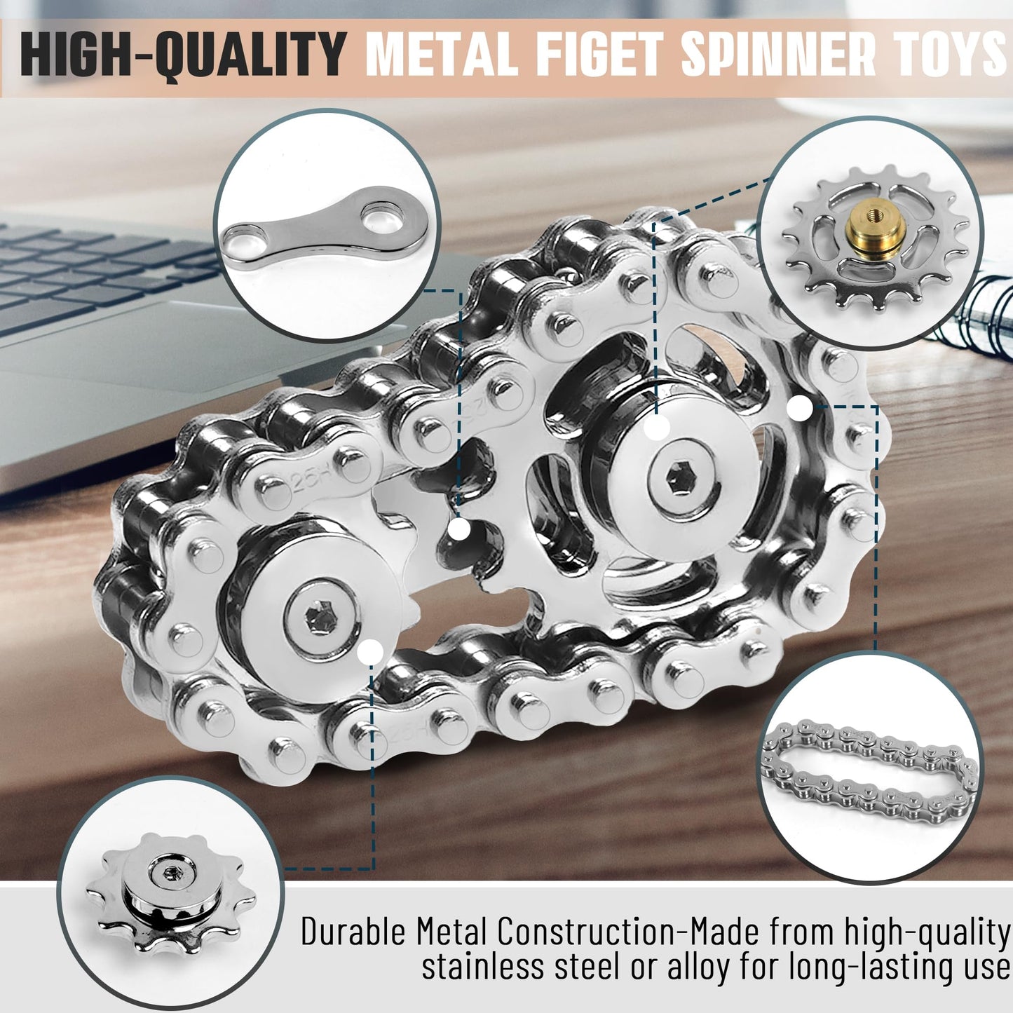 Fidget Spinners Toys For Adults Metal Figette Bike Chain Pain Stim Fidgets Toy For Teens Adhd Cool Gadgets Desk Offices Gift Anx