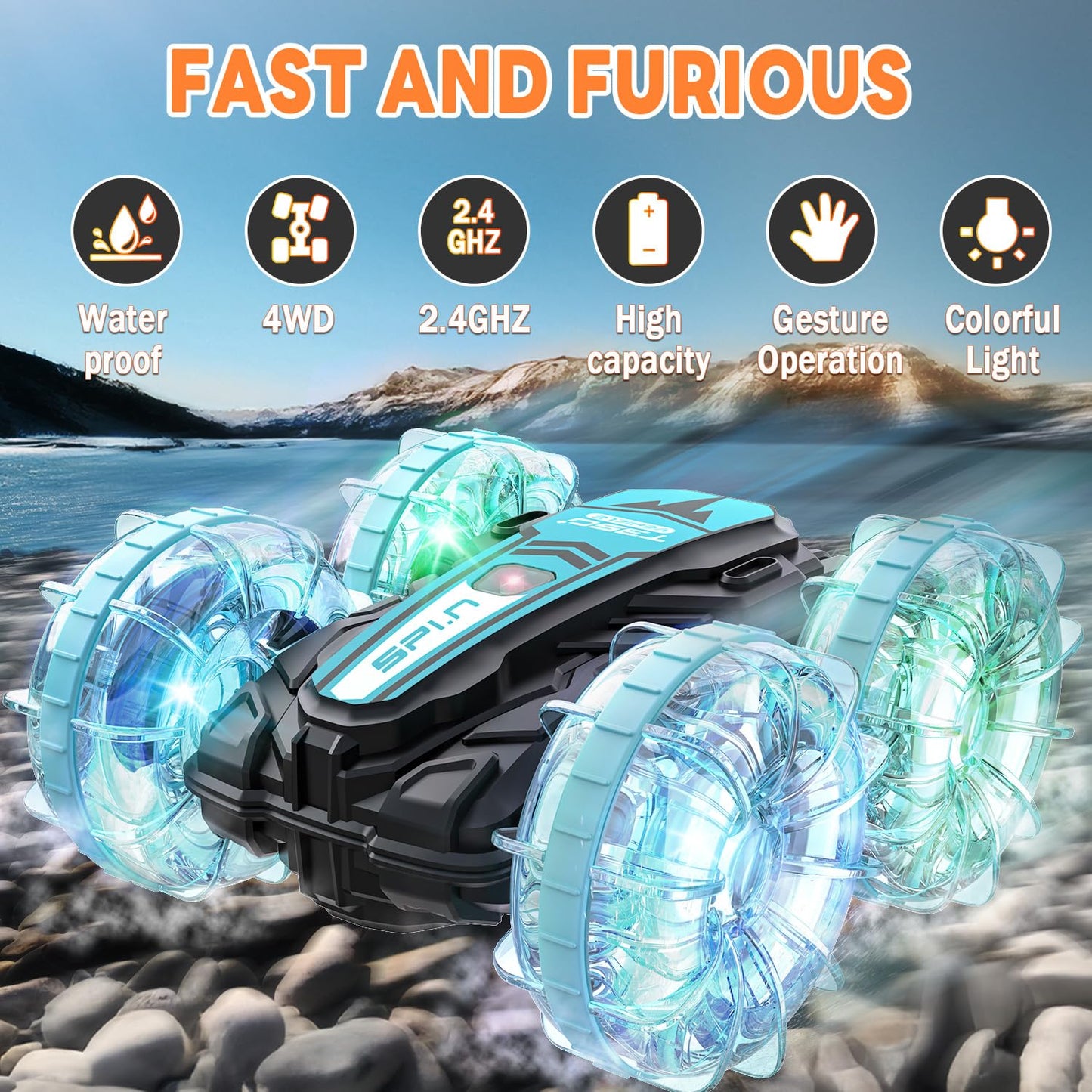 Korffe Remote Control Car, Amphibious Rc Cars Toys For Ages 5-7, 4Wd Rc Boat, Waterproof 360 Rotating Rc Monster Truck Stunt Car