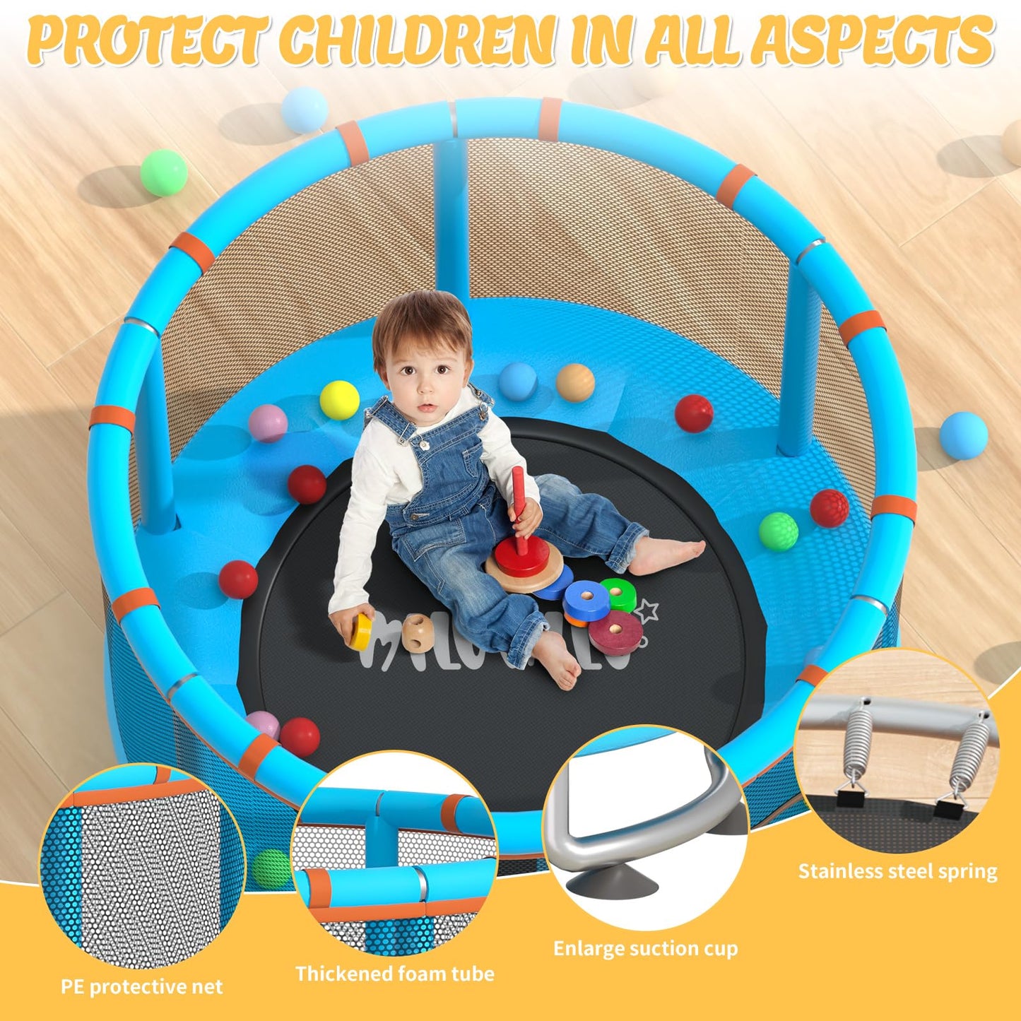 60 Indoor Outdoor Trampoline for Kids,MILUMILU Toddler Trampoline with Safety Enclosure Net,Adjustable Gymnastics Bars, Basketba