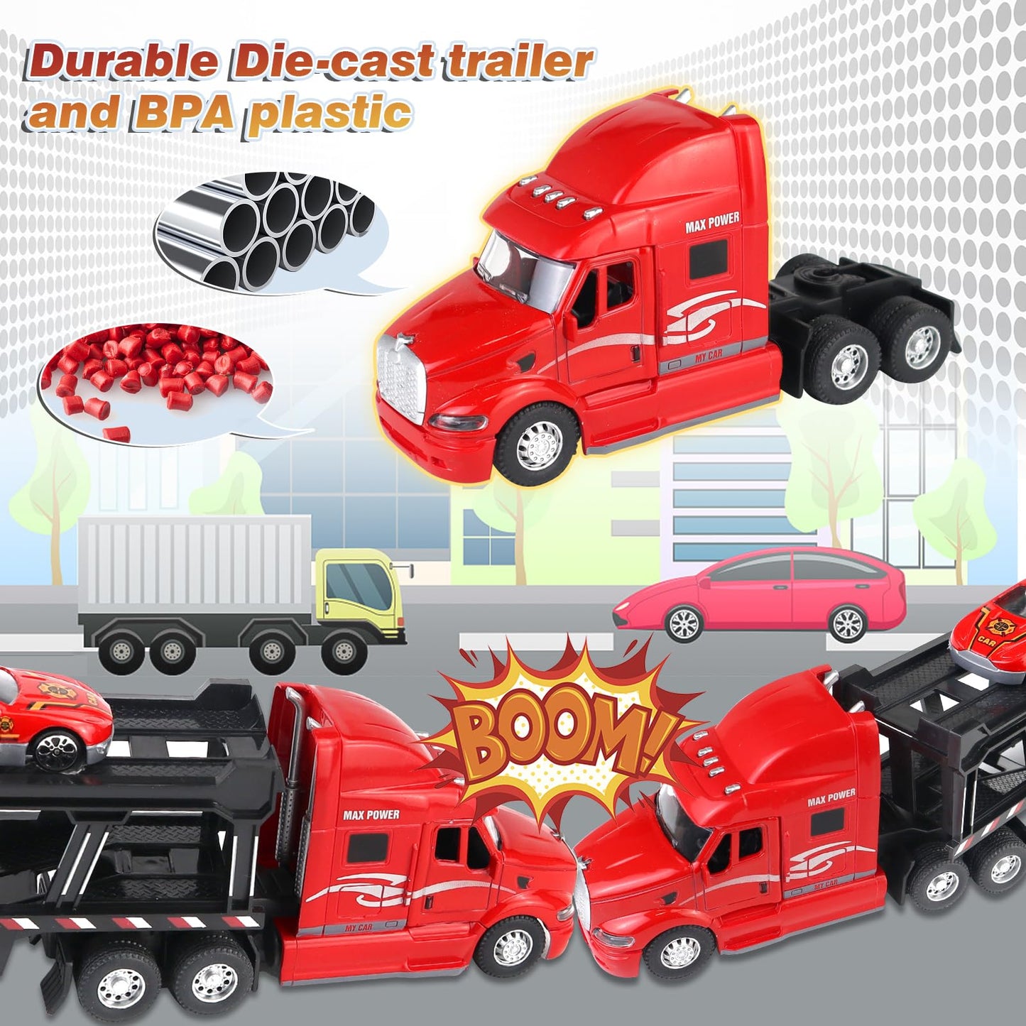 CORPER TOYS Transport Car Carrier Truck Toy Detachable Die-cast Pull Back Play Vehicles Car Set for Kids with Lights and Sounds