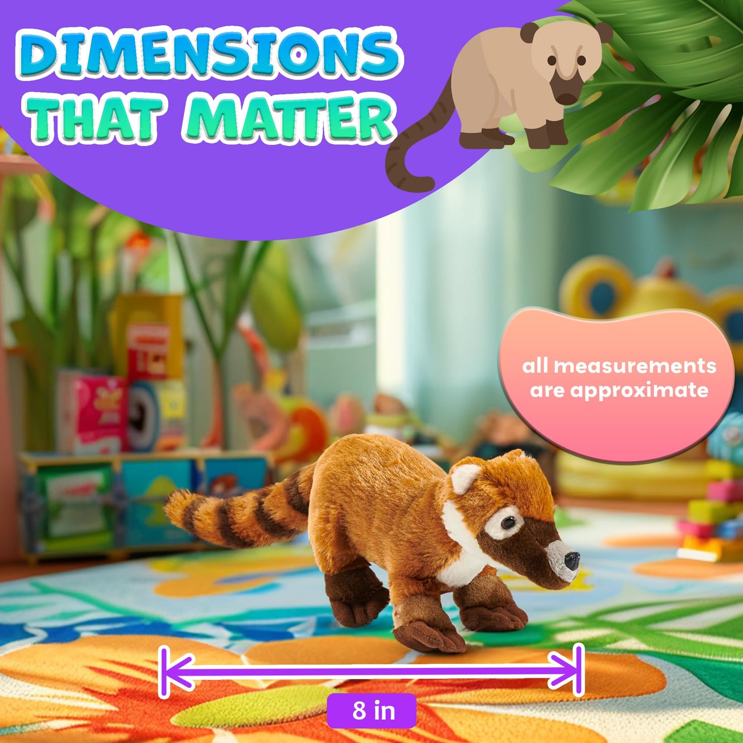 Forest & Twelfth 7' - 8' Stuffed Animal, Soft Plush Toy, Cute Stuffed Animal For Boys And Girls, Realistic Looking Small Stuffed Animals, Nursery And Room Decor (8' Coati)