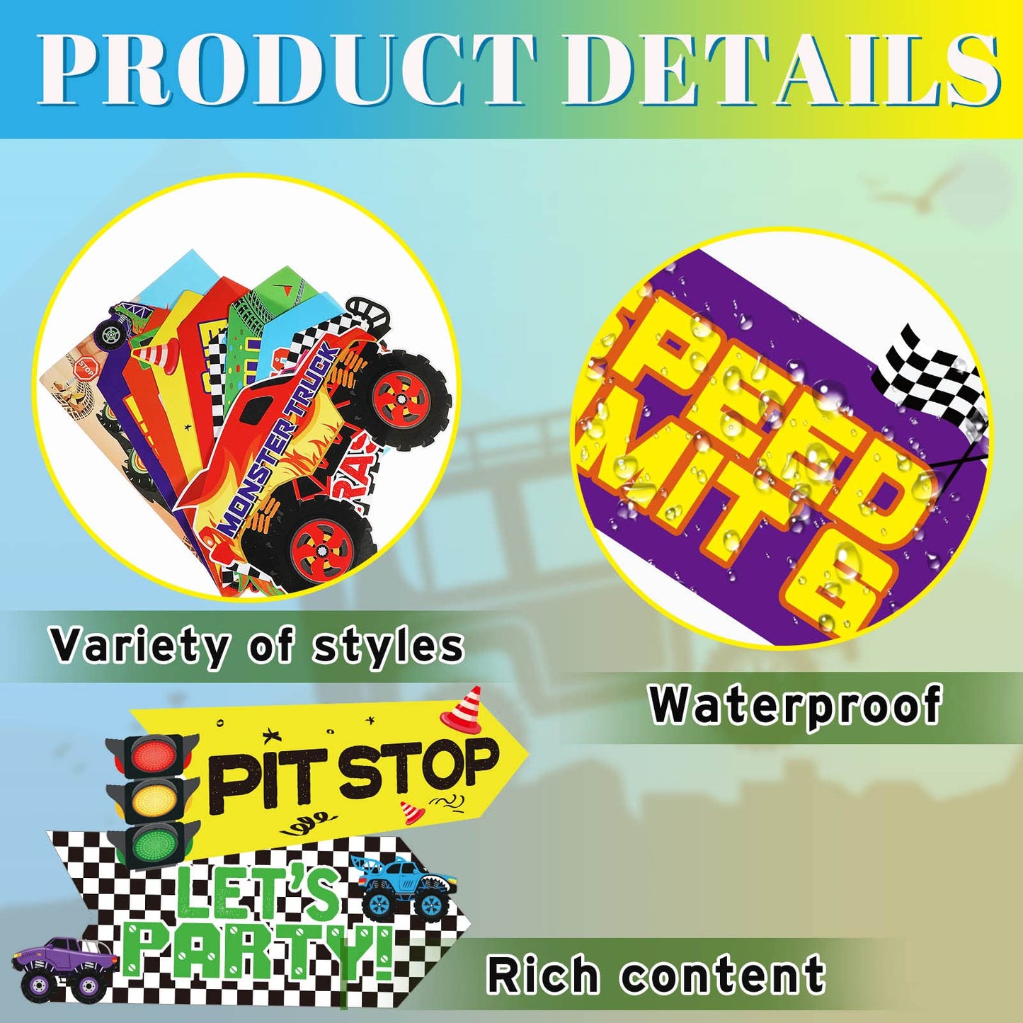 20 Pieces truck Party Sign Truck Checkered Party Supplies Colorful Car Cardboard Cutouts Door Sign Porch Sign truck Party Suppli