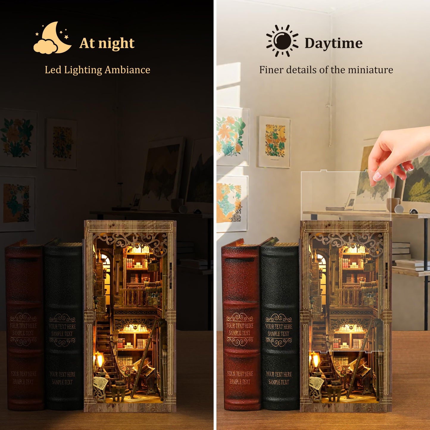 Sunnino Book Nook Kit - Diy Miniature House Kit Doll House 3D Wooden Puzzles With Led Book Nook Kits For Adults Unique Gift For