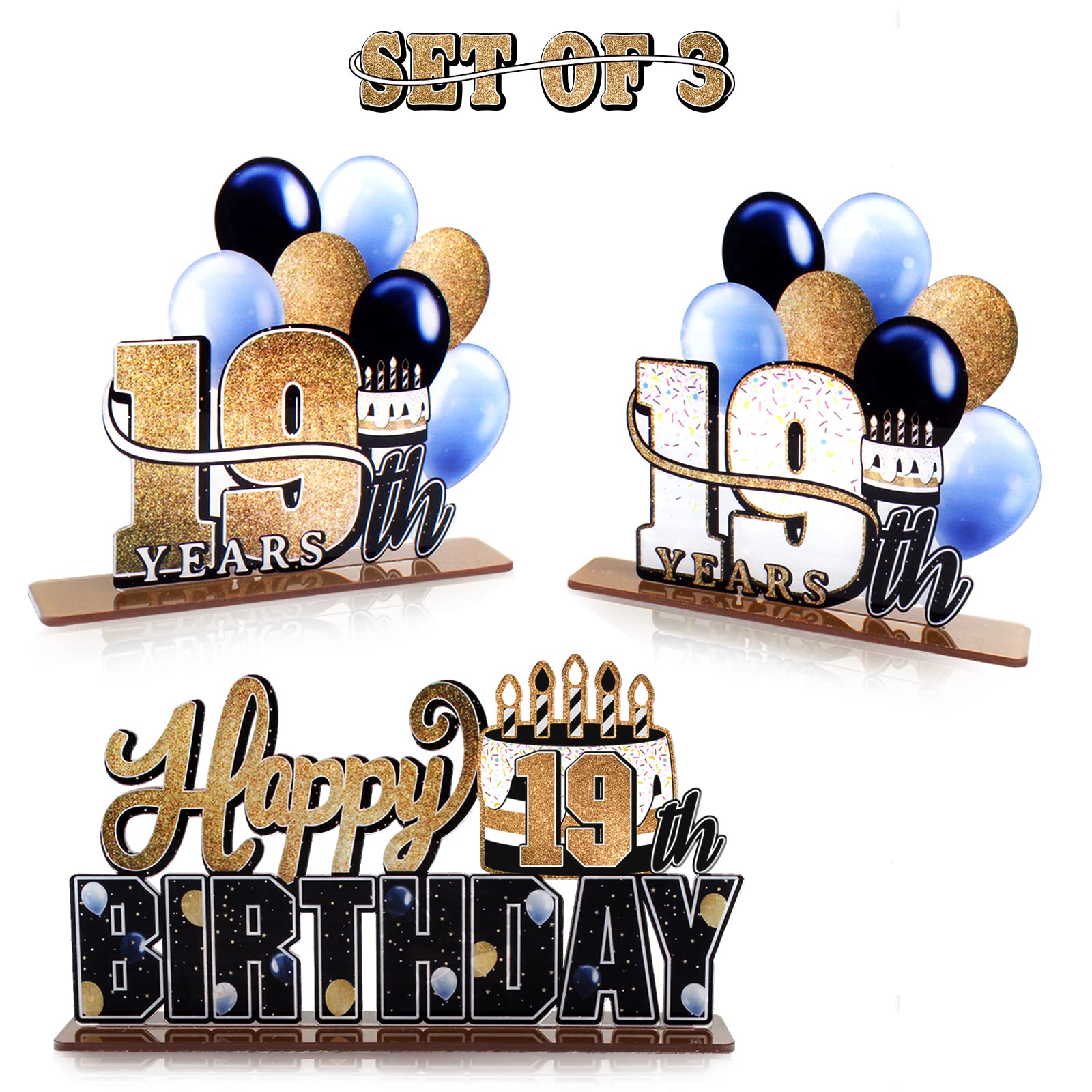 Lingteer Happy 19Th Birthday Gold Acrylic Table Topper Centerpieces Set - Cheers To Nineteen Years Old Birthday 19Th Bday Party Gift Decorations.